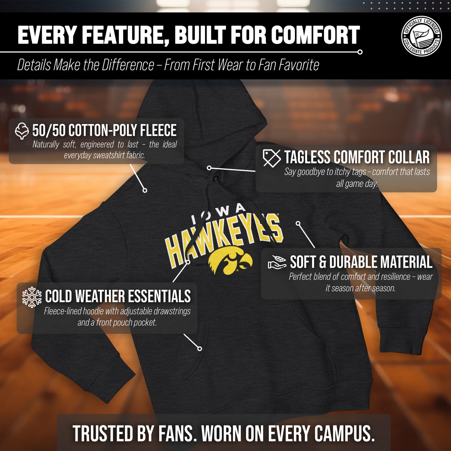 Iowa Hawkeyes NCAA Adult Unisex Starting Fresh Heathered Hooded Fleece Sweatshirt - Black Heather