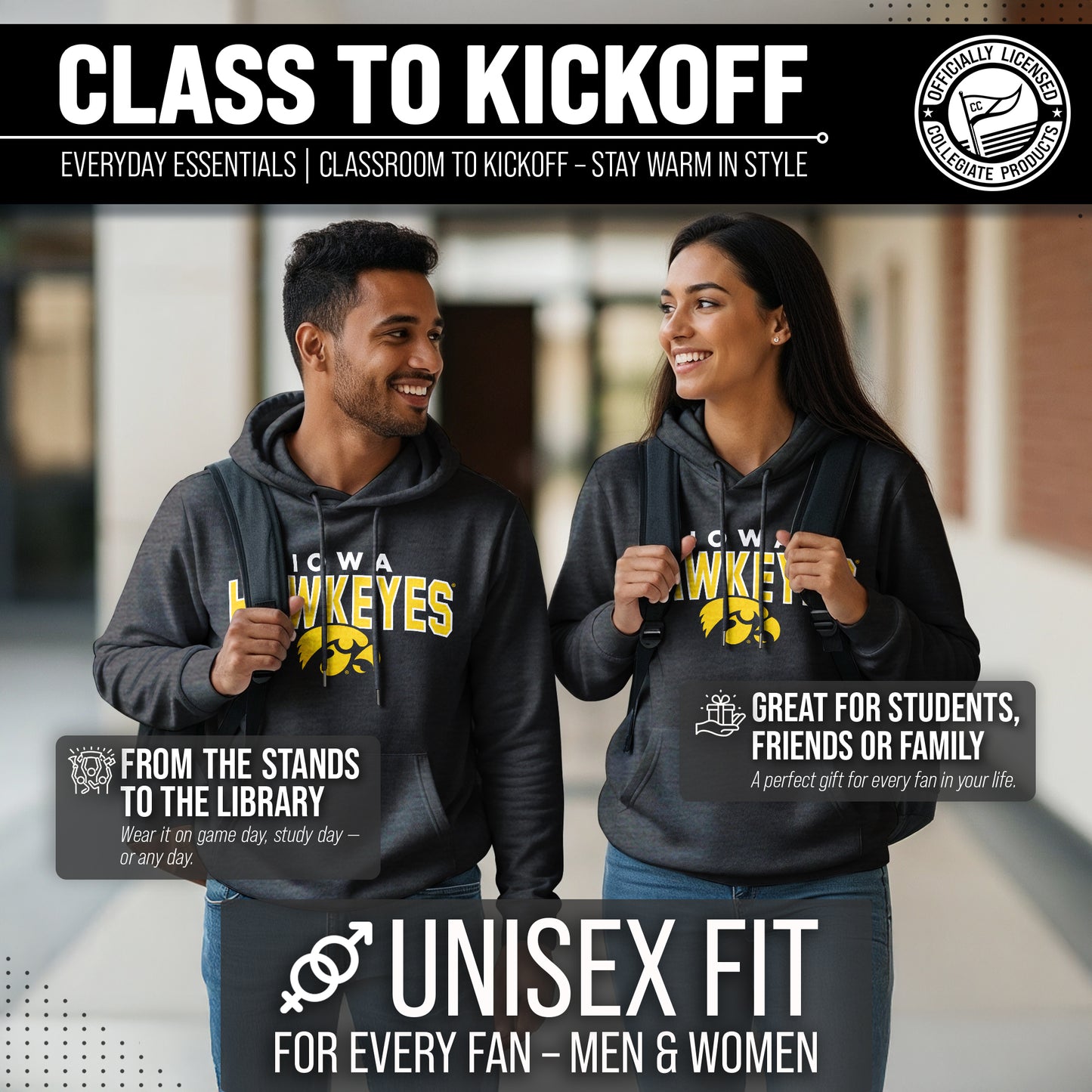 Iowa Hawkeyes NCAA Adult Unisex Starting Fresh Heathered Hooded Fleece Sweatshirt - Black Heather