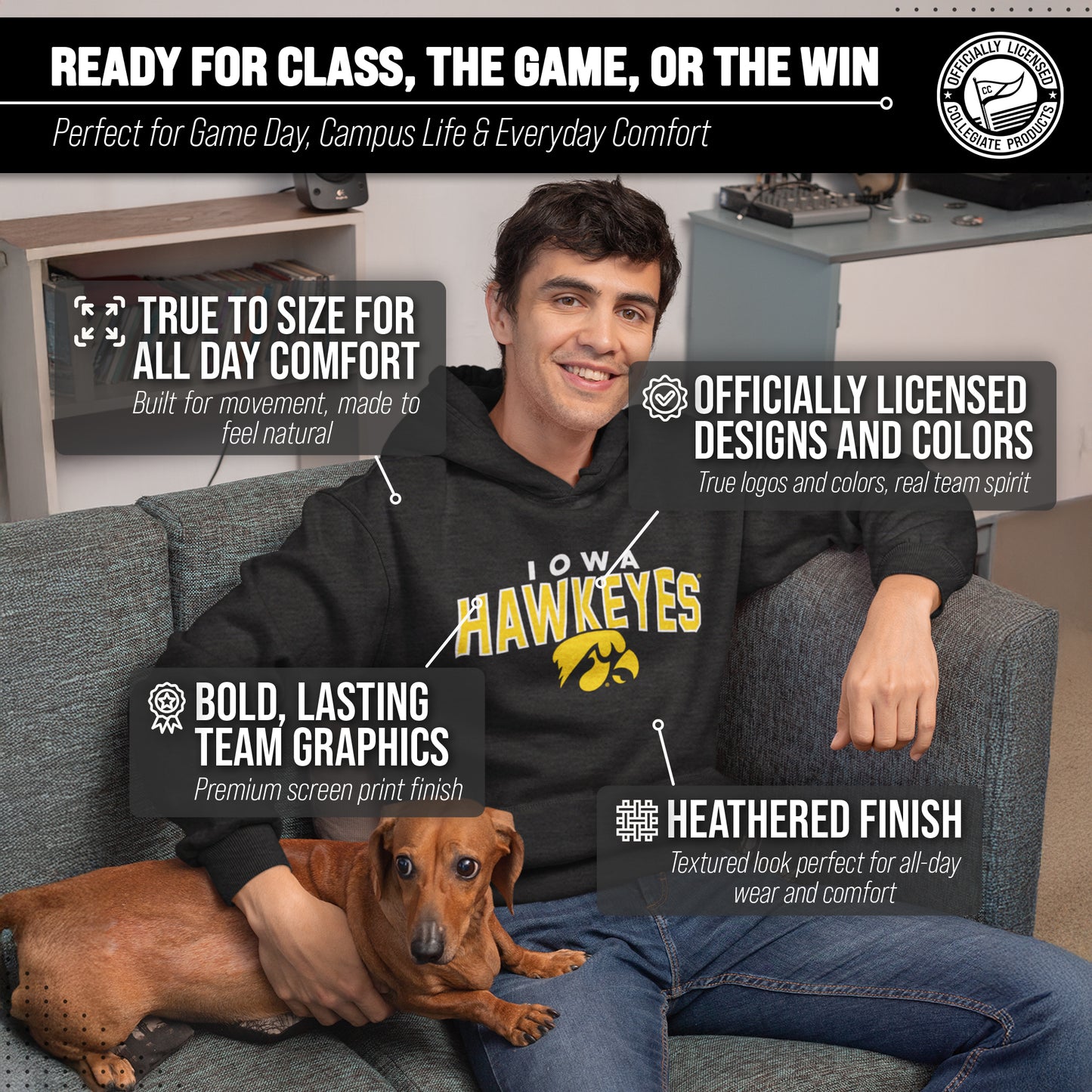 Iowa Hawkeyes NCAA Adult Unisex Starting Fresh Heathered Hooded Fleece Sweatshirt - Black Heather