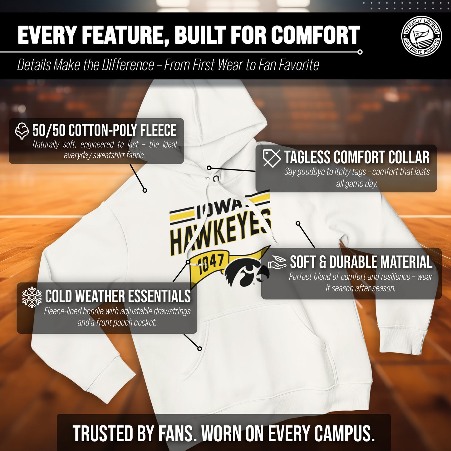 Iowa Hawkeyes NCAA Adult Unisex Varsity Club Pennant Hooded Fleece Sweatshirt - Off White