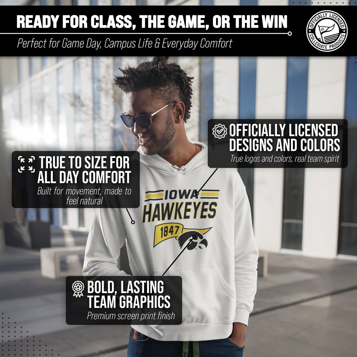 Iowa Hawkeyes NCAA Adult Unisex Varsity Club Pennant Hooded Fleece Sweatshirt - Off White