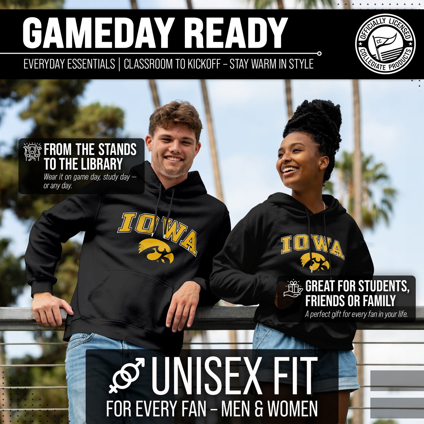 Iowa Hawkeyes Adult Arch & Logo Soft Style Gameday Hooded Sweatshirt - Black