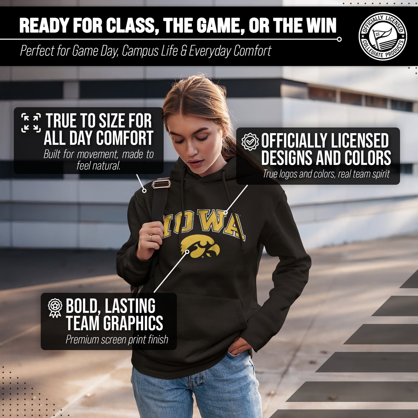 Iowa Hawkeyes Adult Arch & Logo Soft Style Gameday Hooded Sweatshirt - Black