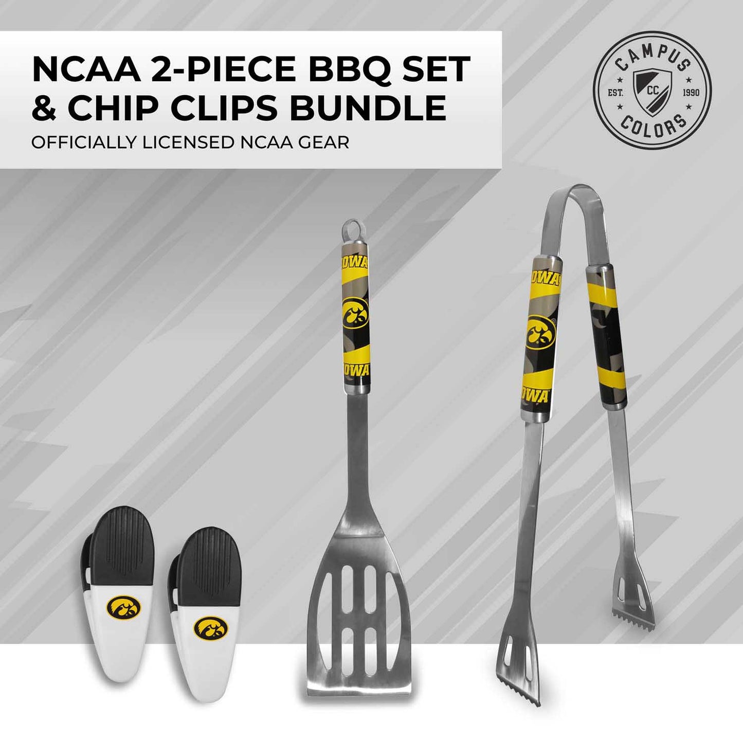 Iowa Hawkeyes Collegiate University Two Piece Grilling Tools Set with 2 Magnet Chip Clips - Chrome