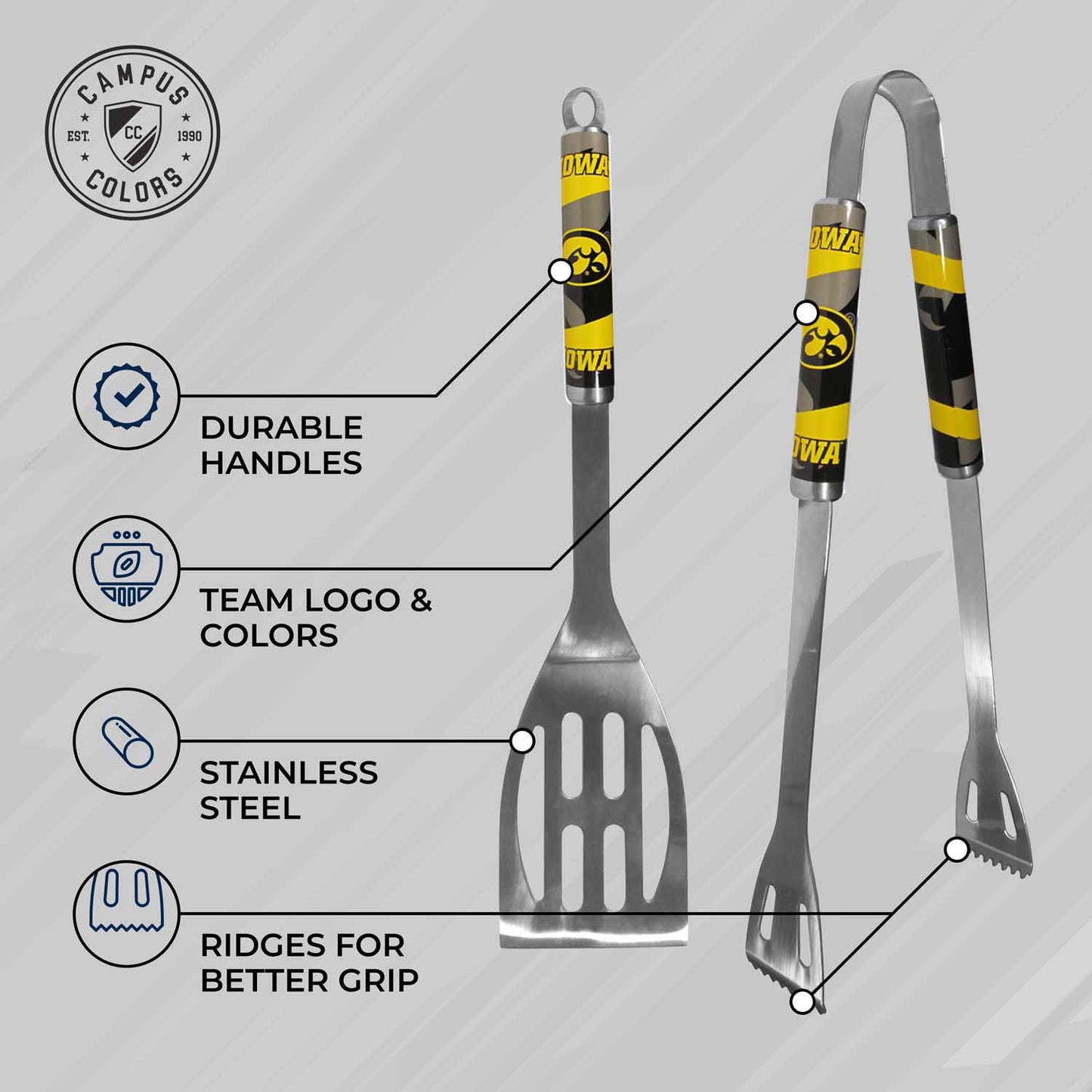 Iowa Hawkeyes Collegiate University Two Piece Grilling Tools Set with 2 Magnet Chip Clips - Chrome
