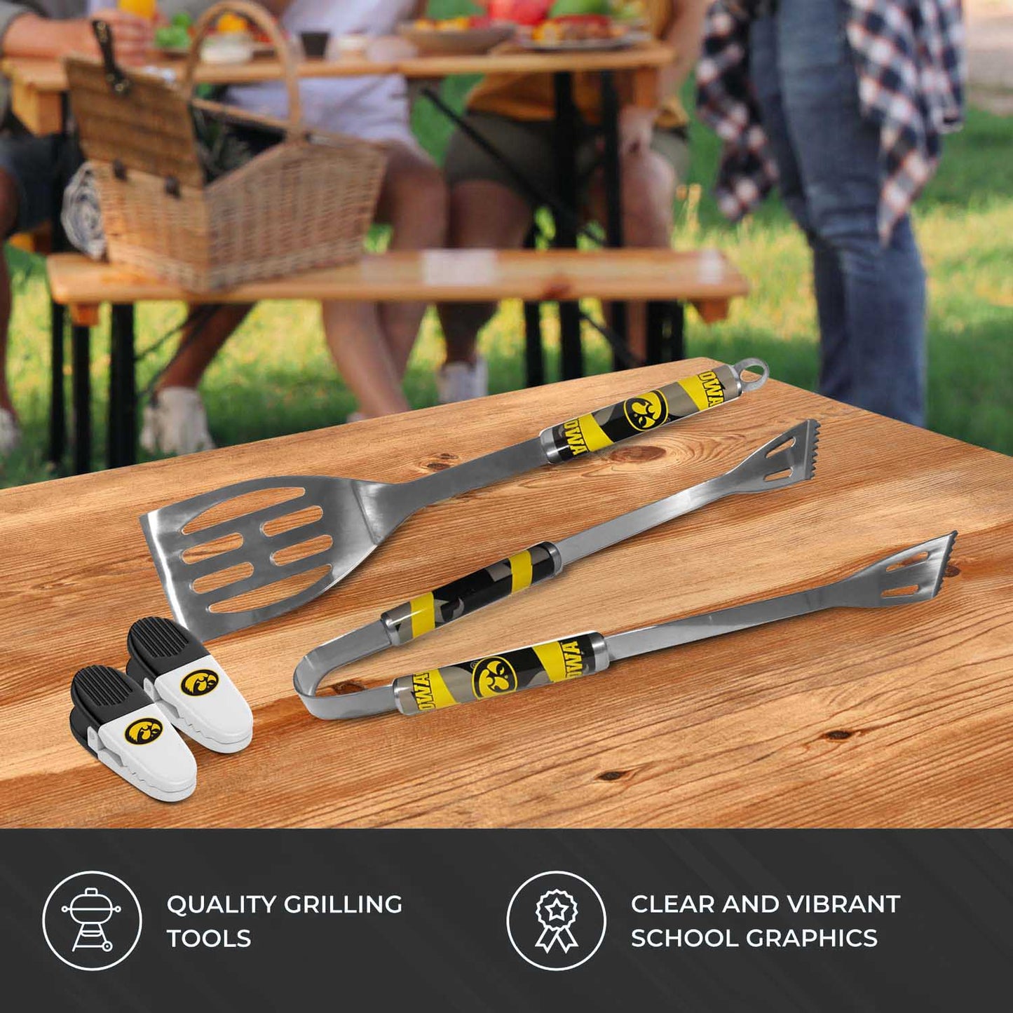 Iowa Hawkeyes Collegiate University Two Piece Grilling Tools Set with 2 Magnet Chip Clips - Chrome