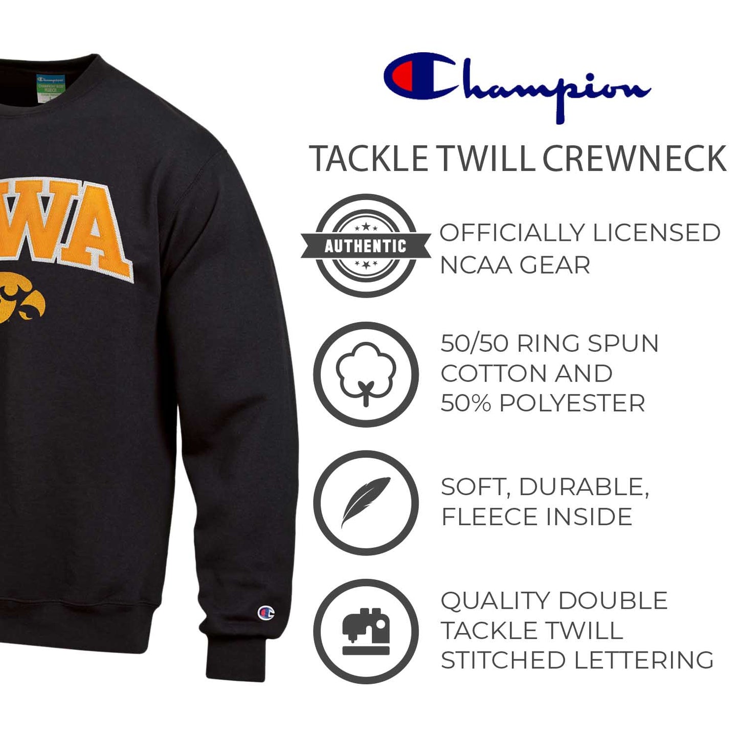 Iowa Hawkeyes Adult Tackle Twill Crewneck - Black