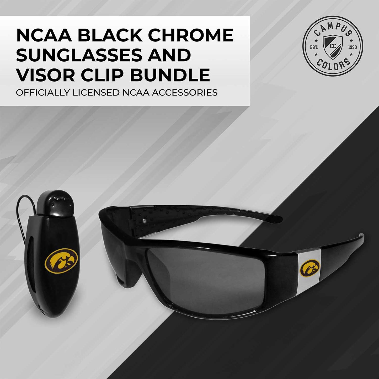 Iowa Hawkeyes NCAA Black Chrome Sunglasses with Visor Clip Bundle - Black