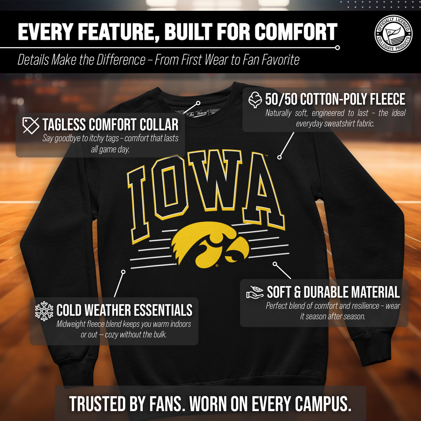 Iowa Hawkeyes NCAA Adult Unisex Overtime Classics Crewneck Fleece Sweatshirt - Black