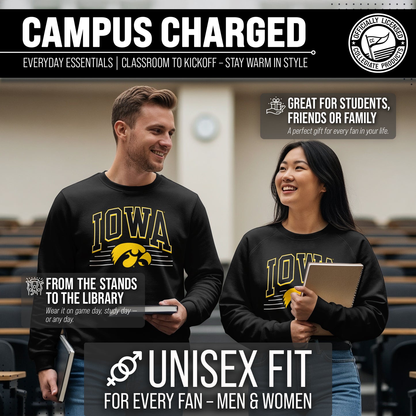 Iowa Hawkeyes NCAA Adult Unisex Overtime Classics Crewneck Fleece Sweatshirt - Black