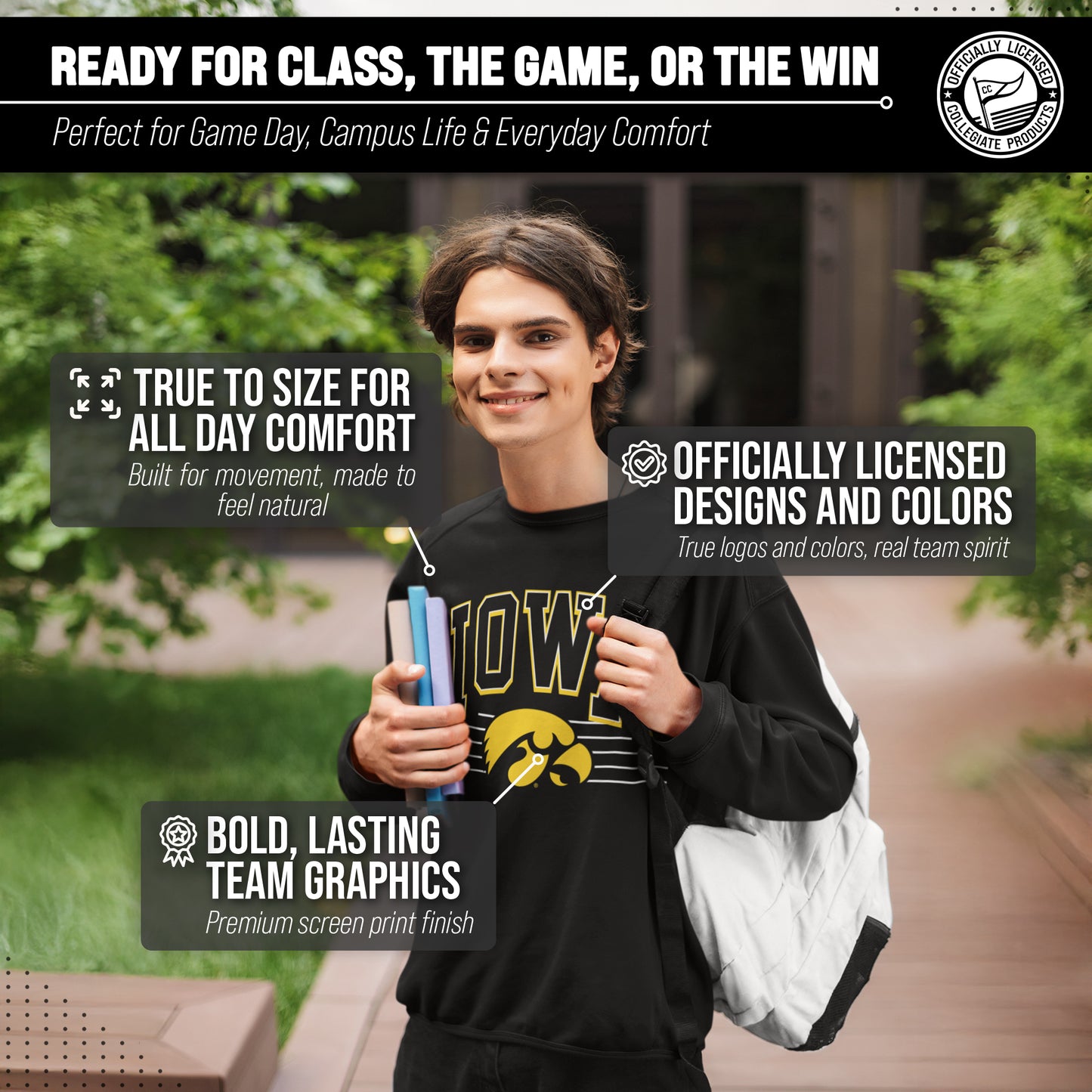 Iowa Hawkeyes NCAA Adult Unisex Overtime Classics Crewneck Fleece Sweatshirt - Black