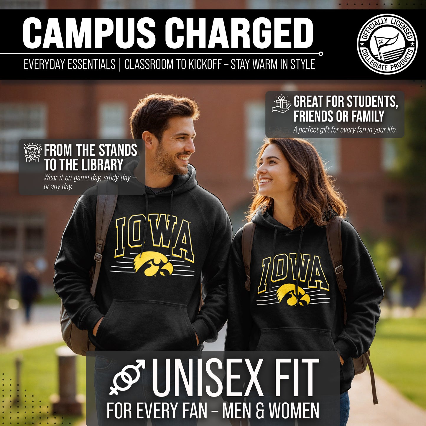 Iowa Hawkeyes NCAA Adult Unisex Overtime Classics Hooded Fleece Sweatshirt - Black