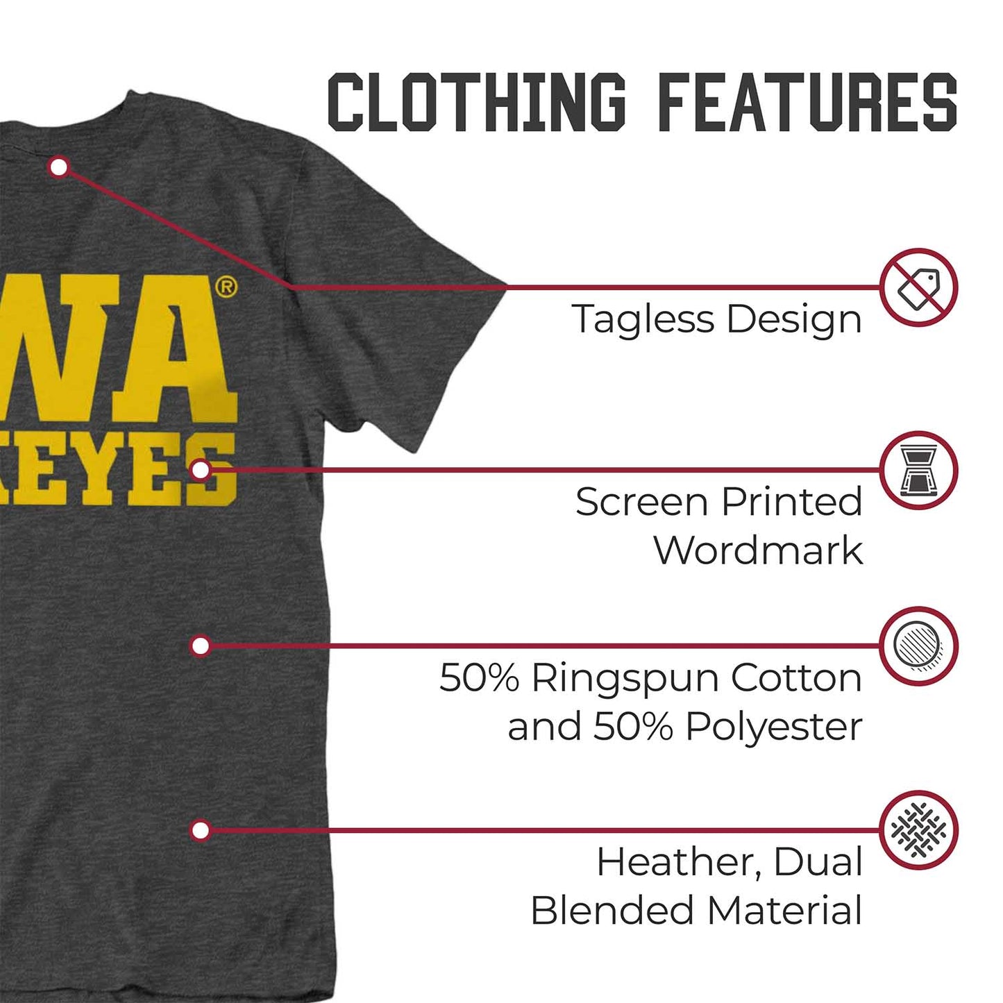 Iowa Hawkeyes Campus Colors NCAA Adult Cotton Blend Charcoal Tagless T-Shirt - Charcoal