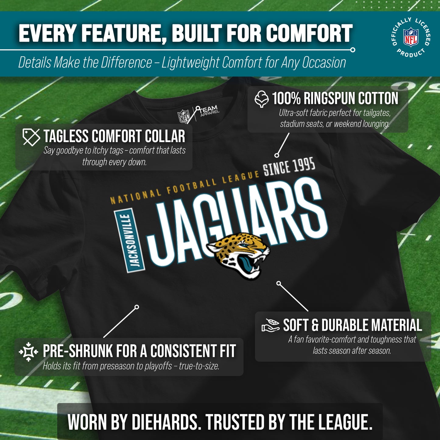Jacksonville Jaguars NFL Youth Modern Endzone Football T-Shirt Unisex Tag Free Comfortable - Black