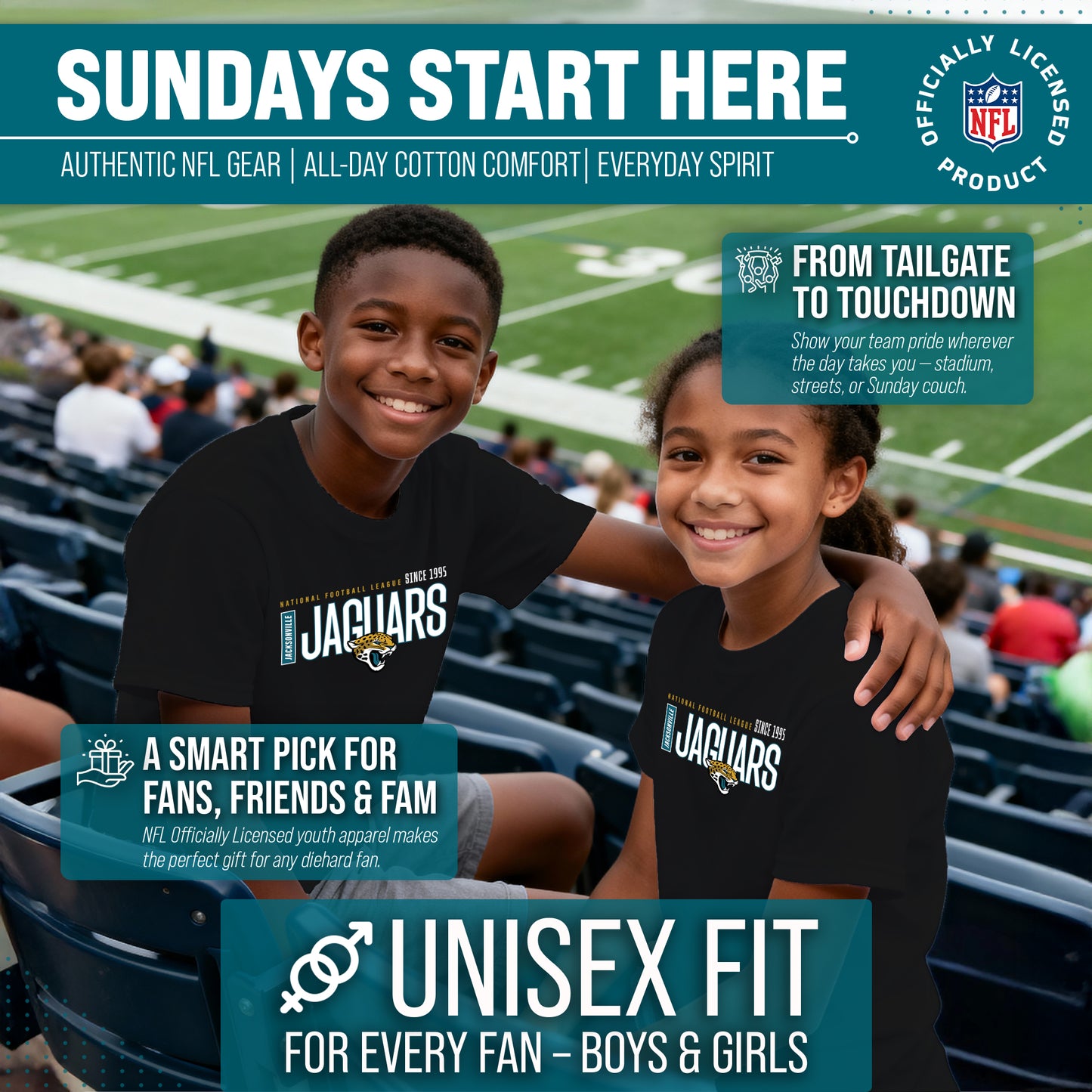 Jacksonville Jaguars NFL Youth Modern Endzone Football T-Shirt Unisex Tag Free Comfortable - Black