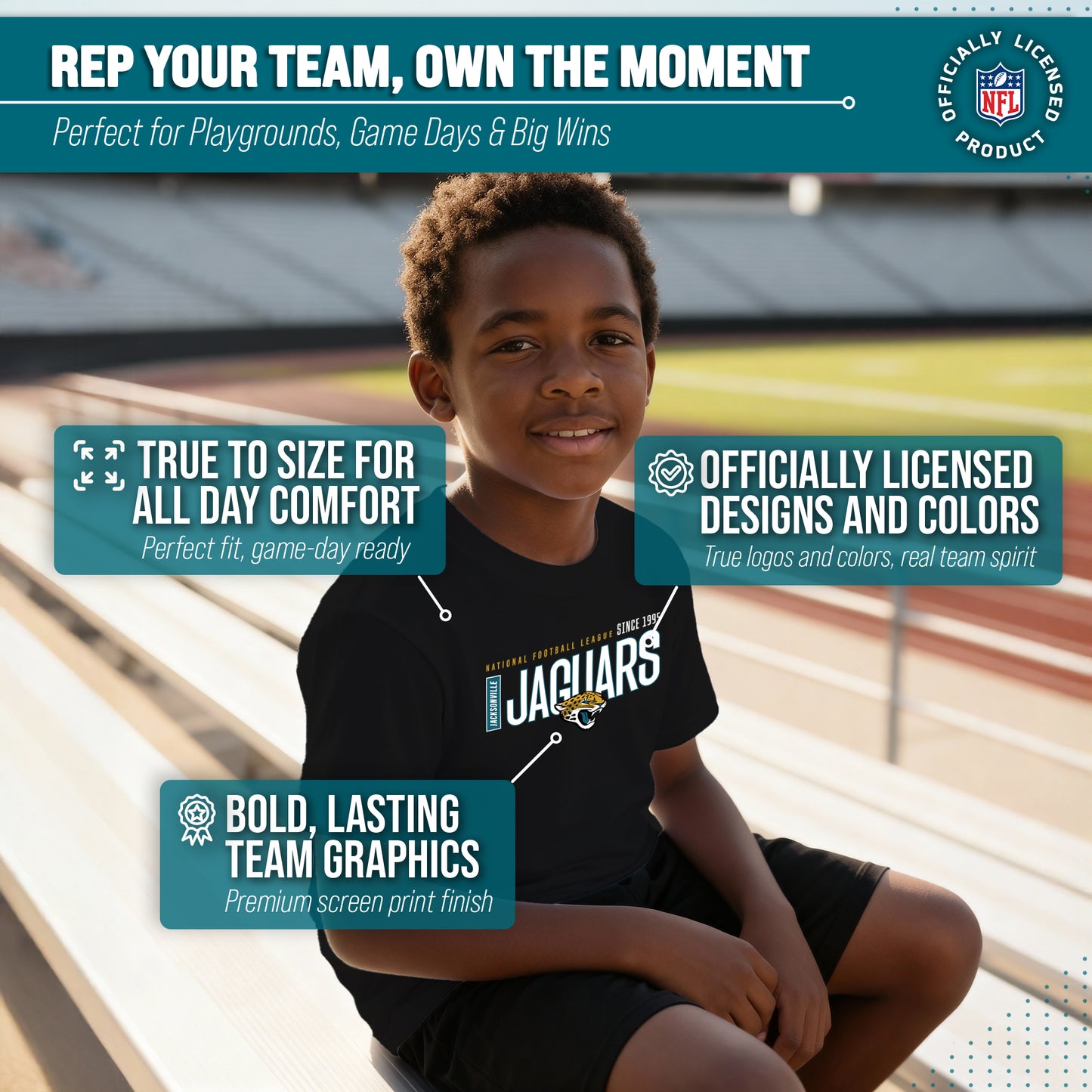 Jacksonville Jaguars NFL Youth Modern Endzone Football T-Shirt Unisex Tag Free Comfortable - Black