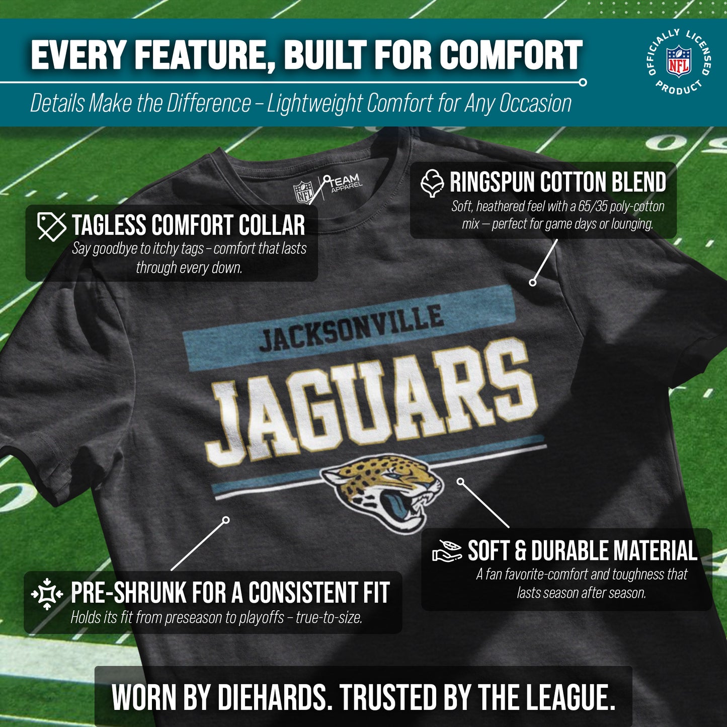 Jacksonville Jaguars NFL Adult Team Block Tagless T-Shirt - Charcoal
