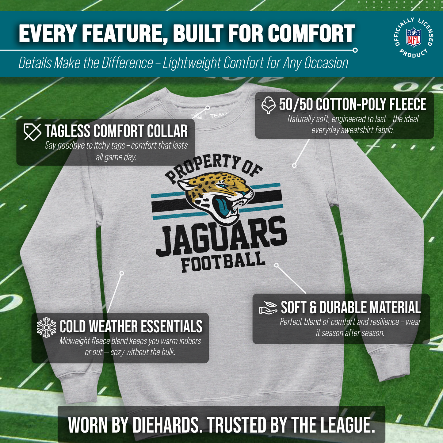Jacksonville Jaguars NFL Adult Property Of Crewneck Fleece Sweatshirt - Sport Gray
