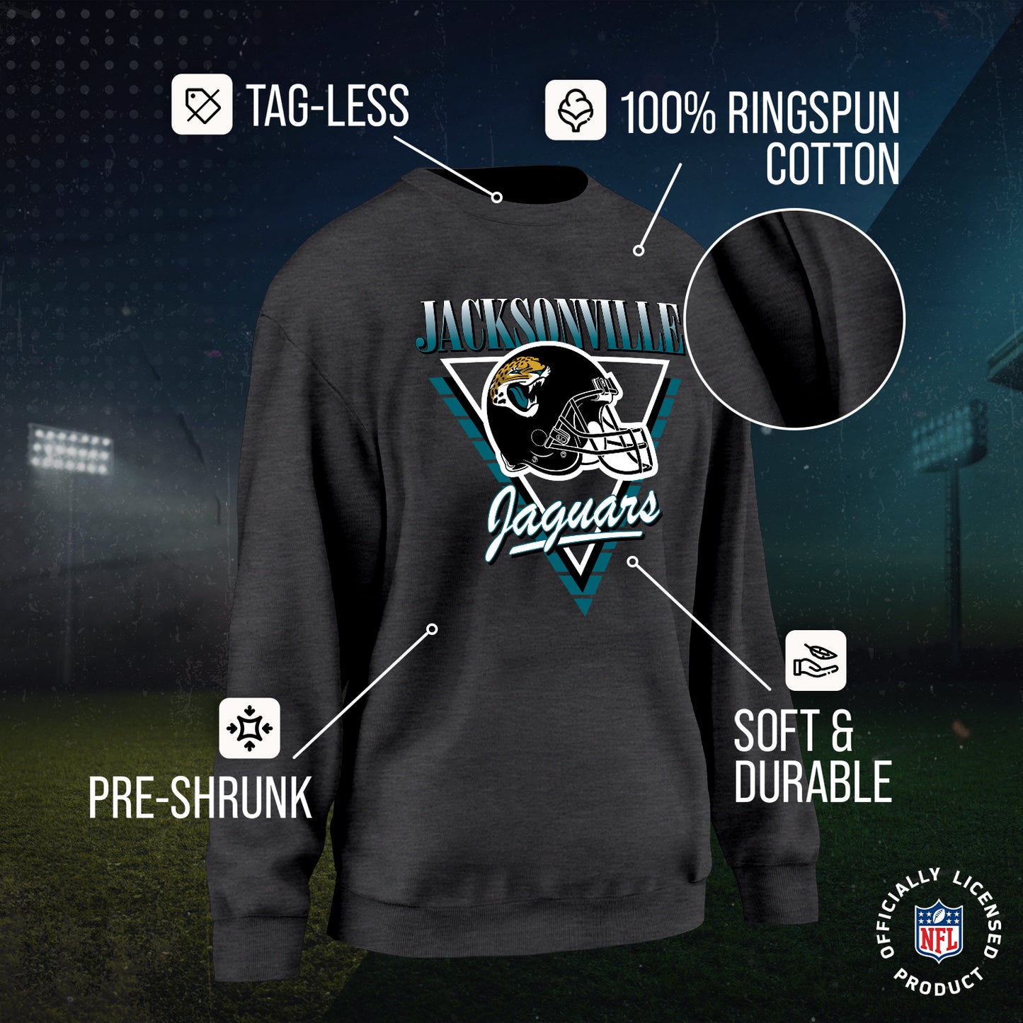 Jacksonville Jaguars NFL Womens Retro Triangle Slouchy Crewneck - Heather Charcoal