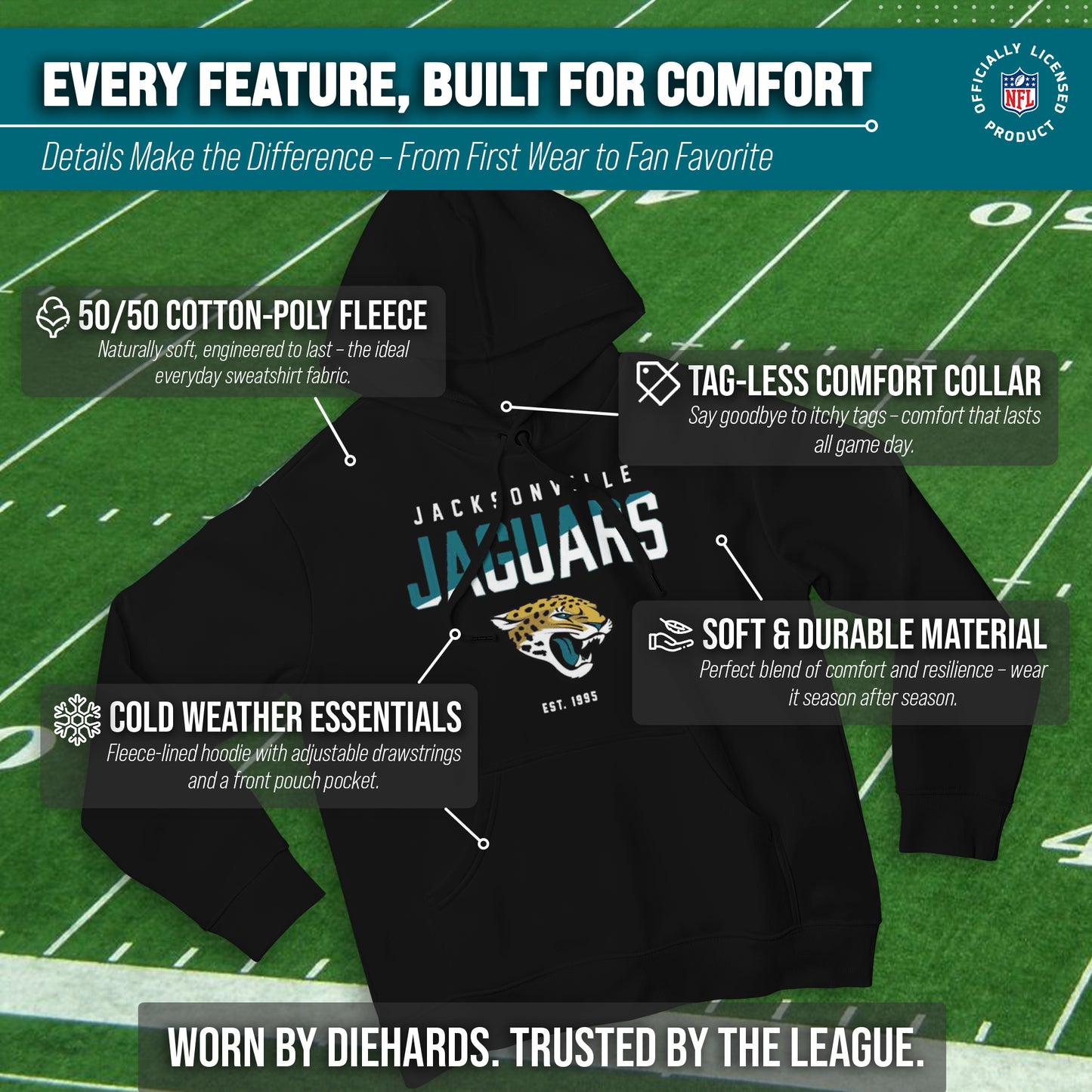 Jacksonville Jaguars Adult NFL Diagonal Fade Fleece Hooded Sweatshirt - Black