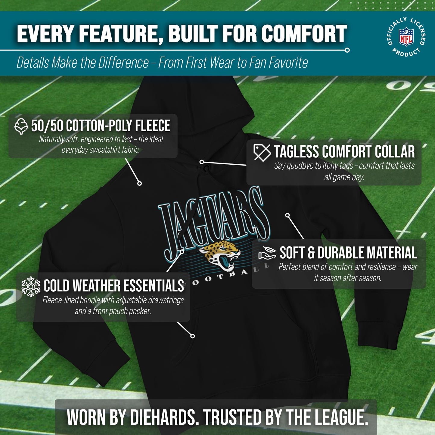 Jacksonville Jaguars NFL Adult Unisex Overtime Blueprint Soft Fleece Hooded Sweatshirt - Black