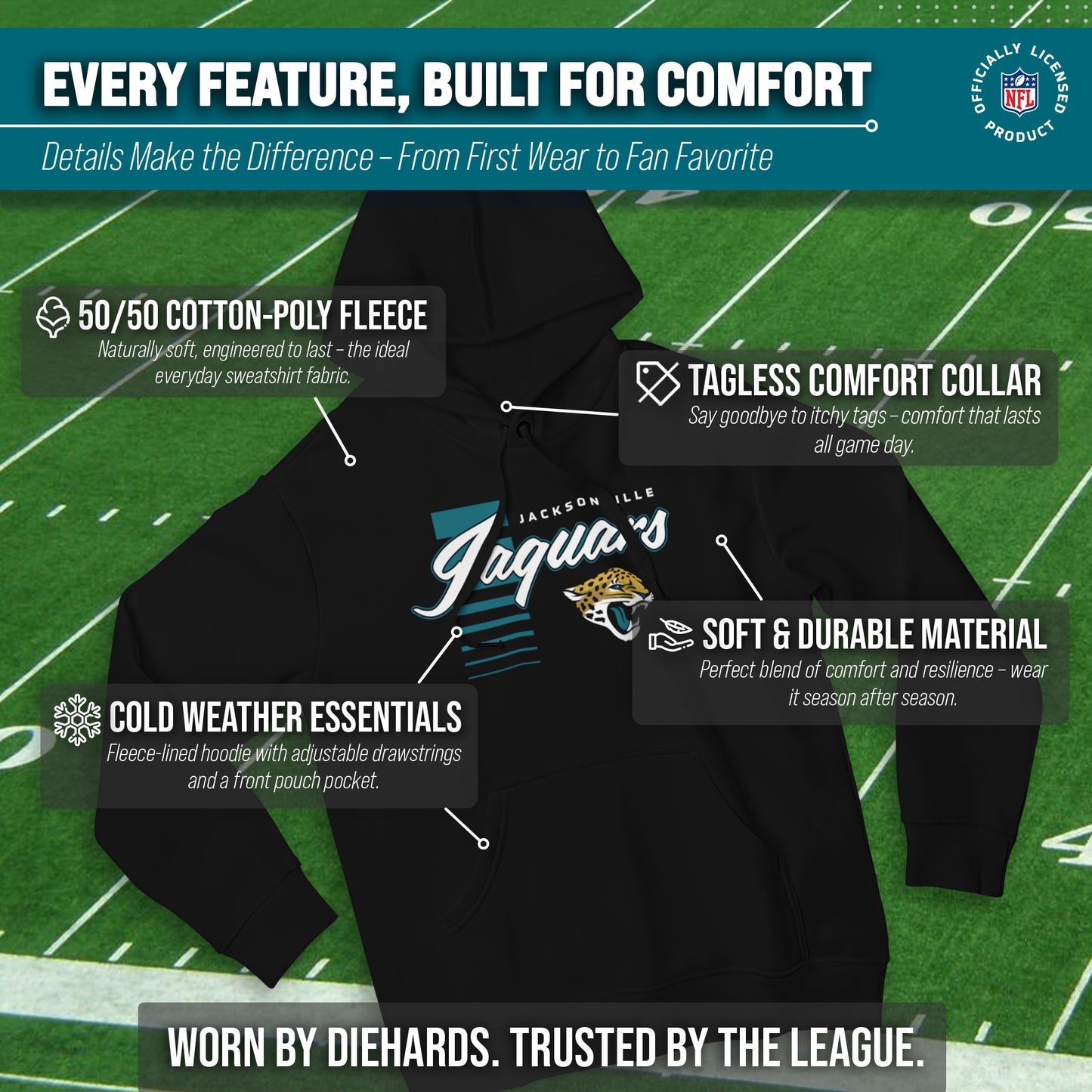 Jacksonville Jaguars NFL Adult Unisex Retro Script Ultra Soft Fleece Hooded Sweatshirt - Black