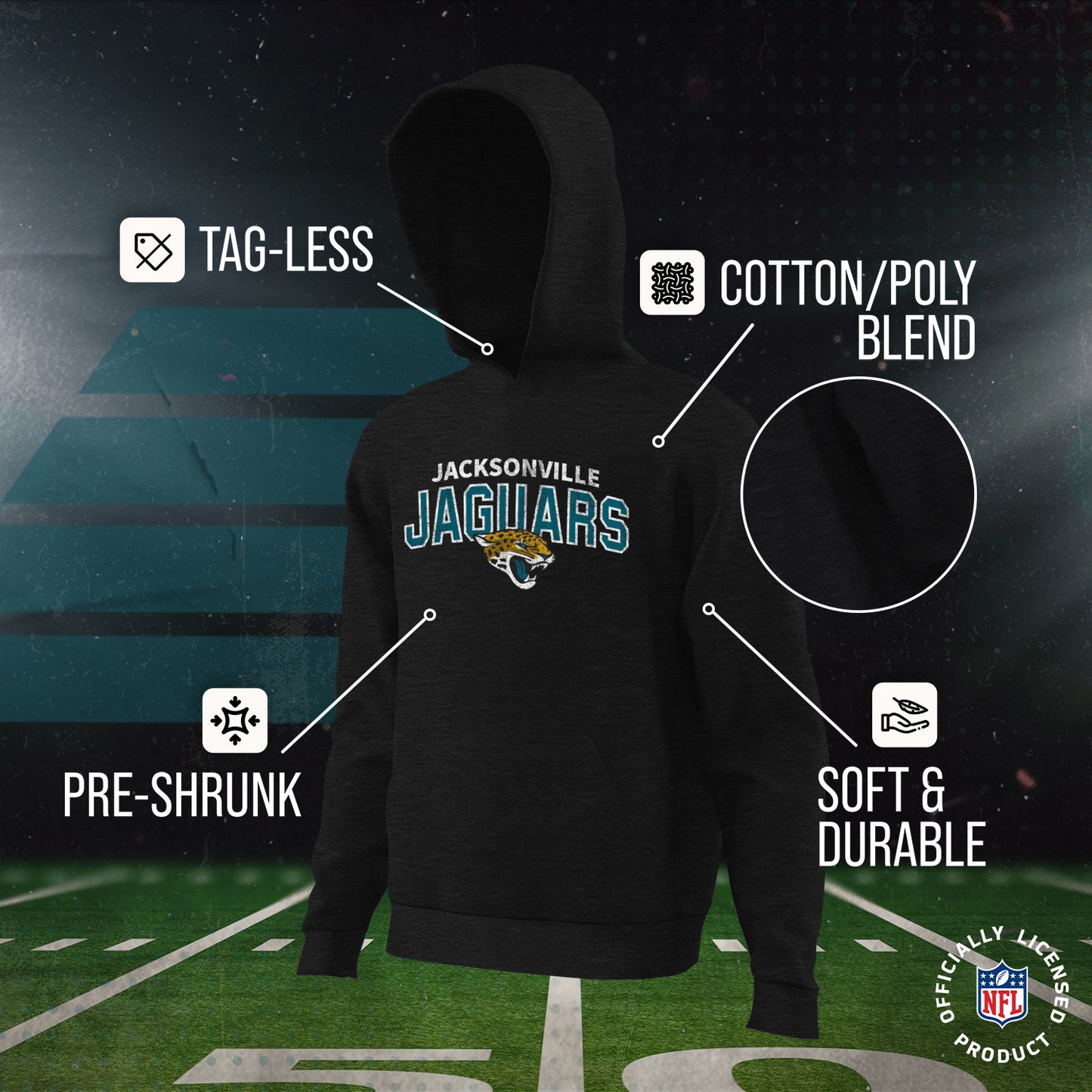 Jacksonville Jaguars NFL Youth Starting Fresh Hoodie- Pro Football Sweatshirt for Boys and Girls - Black