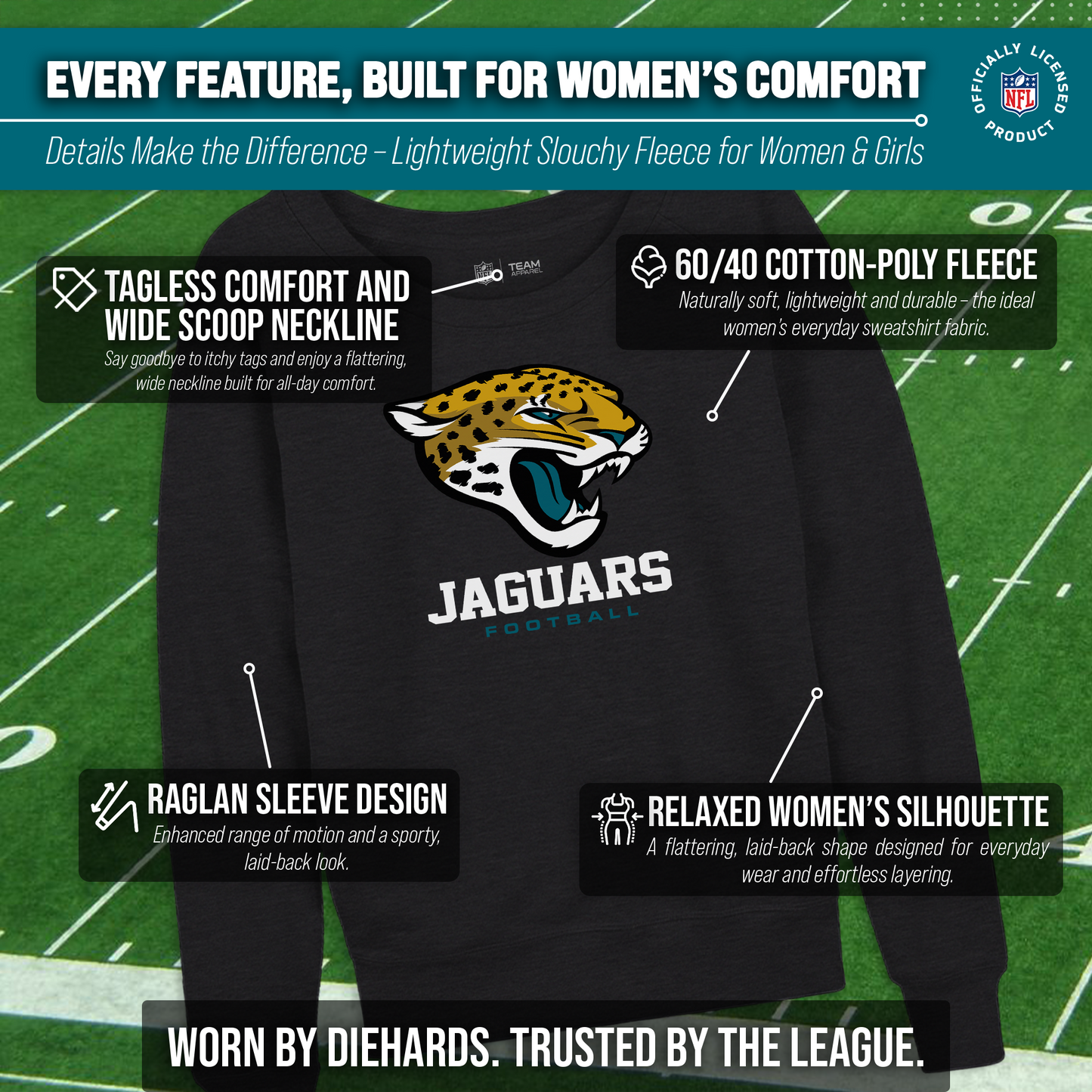 Jacksonville Jaguars Women's NFL Ultimate Fan Logo Slouchy Crewneck -Tagless Fleece Lightweight Pullover - Charcoal