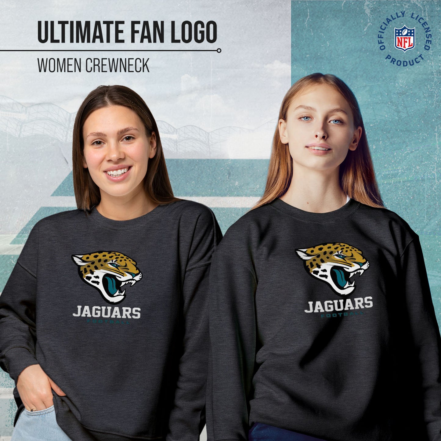 Jacksonville Jaguars Women's NFL Ultimate Fan Logo Slouchy Crewneck -Tagless Fleece Lightweight Pullover - Charcoal