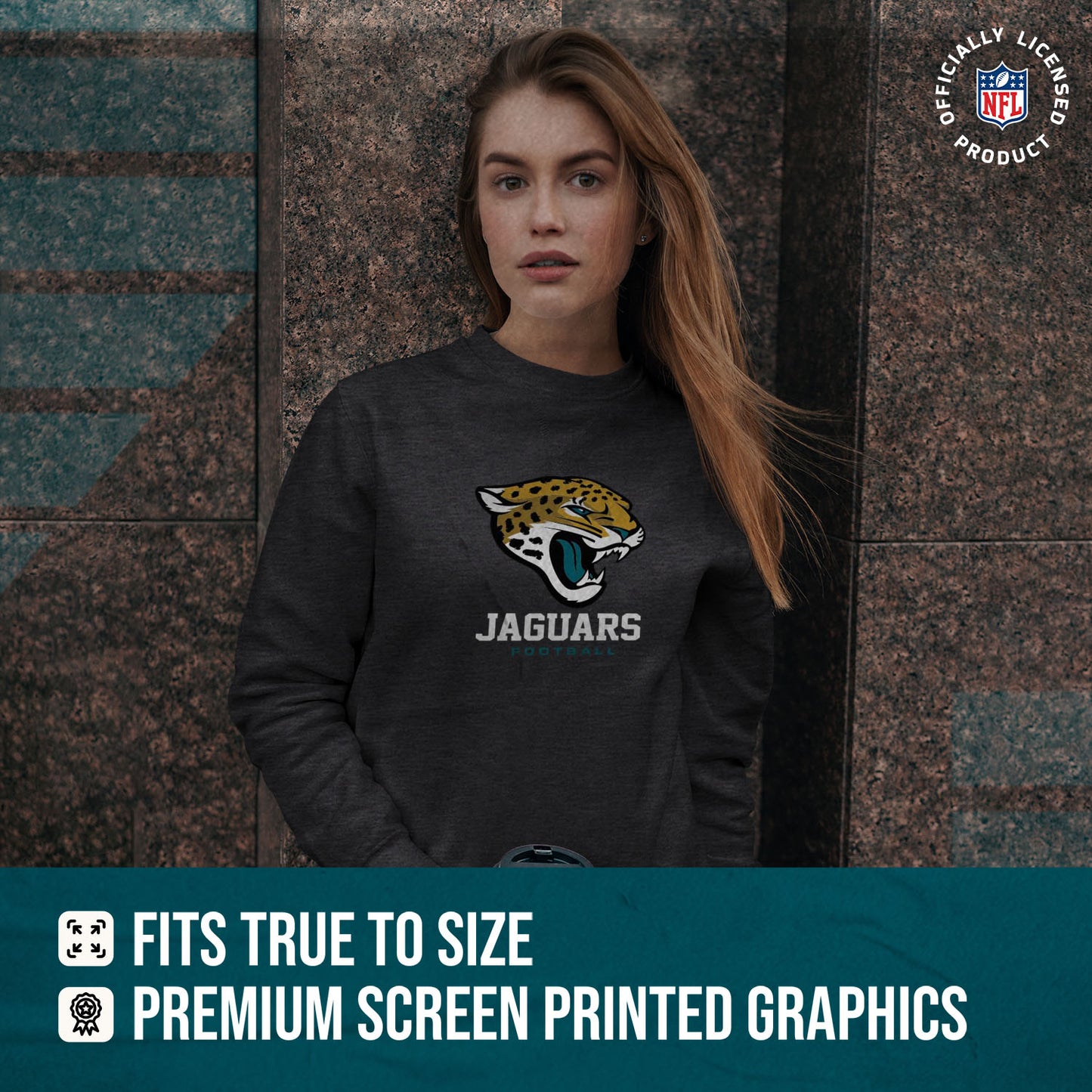Jacksonville Jaguars Women's NFL Ultimate Fan Logo Slouchy Crewneck -Tagless Fleece Lightweight Pullover - Charcoal