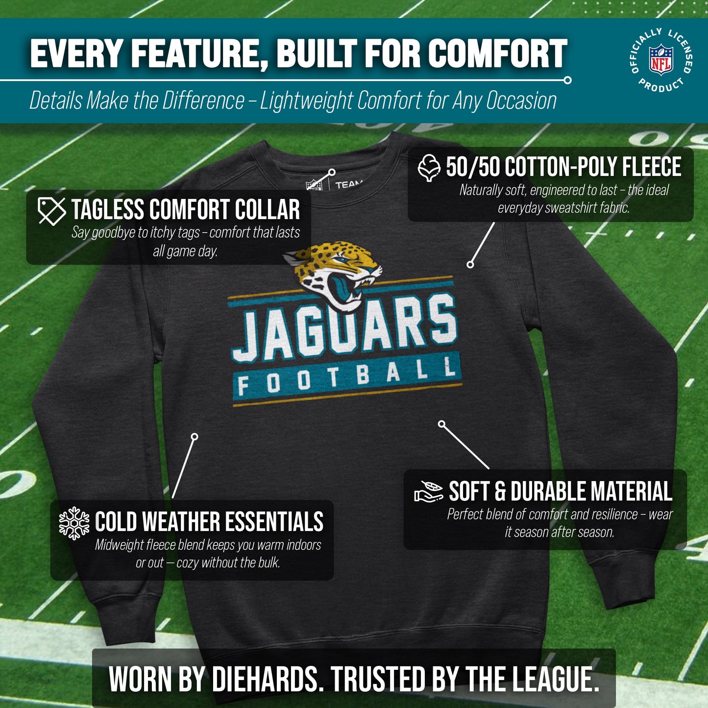 Jacksonville Jaguars NFL Adult True Fan Crewneck Sweatshirt - Charcoal