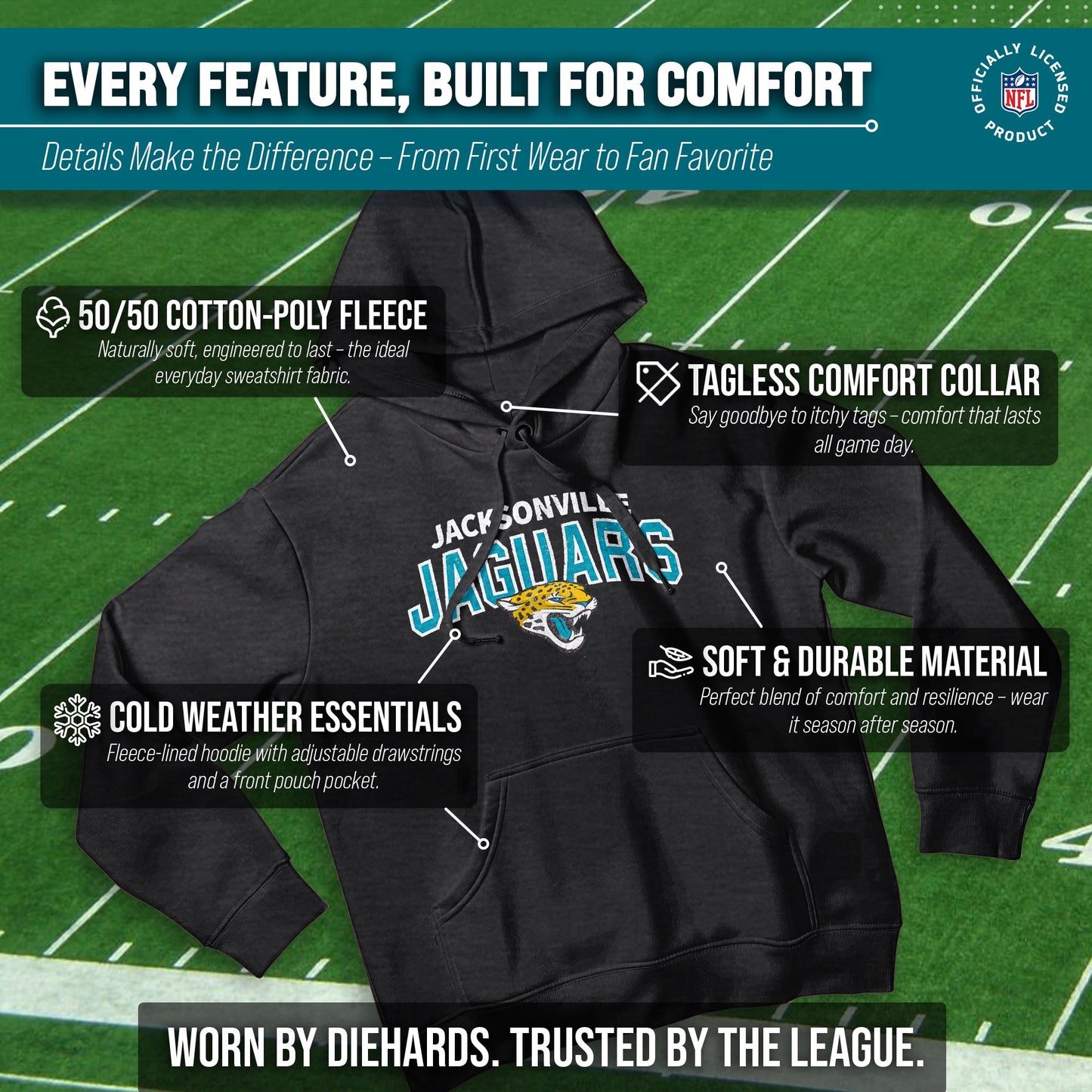 Jacksonville Jaguars NFL Adult Unisex Starting Fresh Ultra Soft Fleece Hooded Sweatshirt - Black Heather
