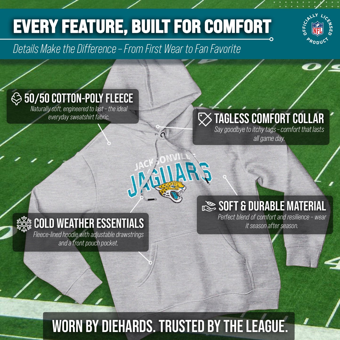 Jacksonville Jaguars NFL Adult Unisex Starting Fresh Ultra Soft Fleece Hooded Sweatshirt - Athletic Heather