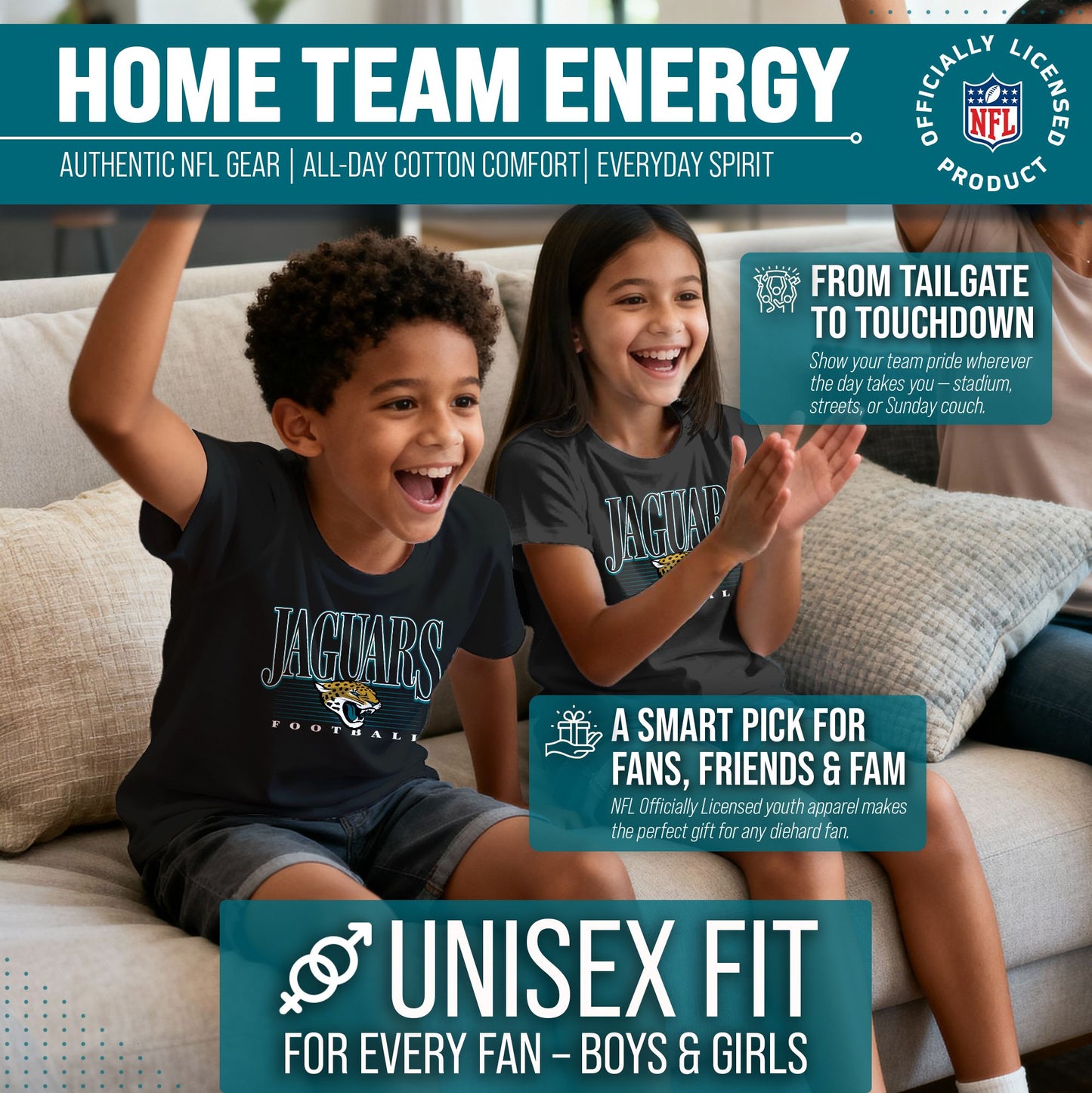 Jacksonville Jaguars NFL Youth Overtime Blueprint Football T-Shirt Unisex Tag Free Comfortable - Black