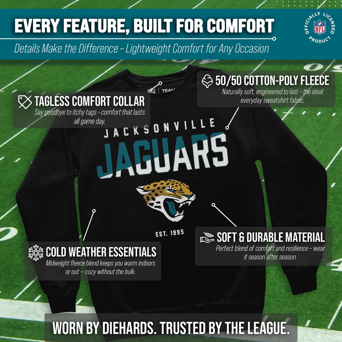 Jacksonville Jaguars Adult NFL Diagonal Fade Color Block Crewneck Sweatshirt - Black