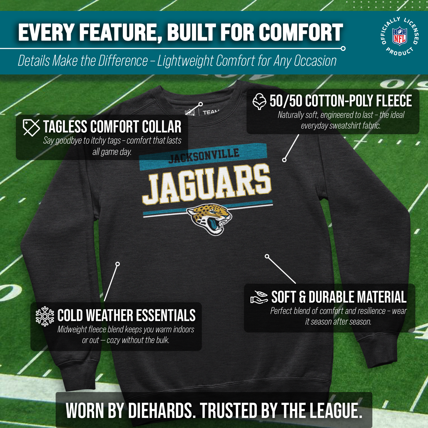 Jacksonville Jaguars NFL Adult Long Sleeve Team Block Charcoal Crewneck Sweatshirt - Charcoal