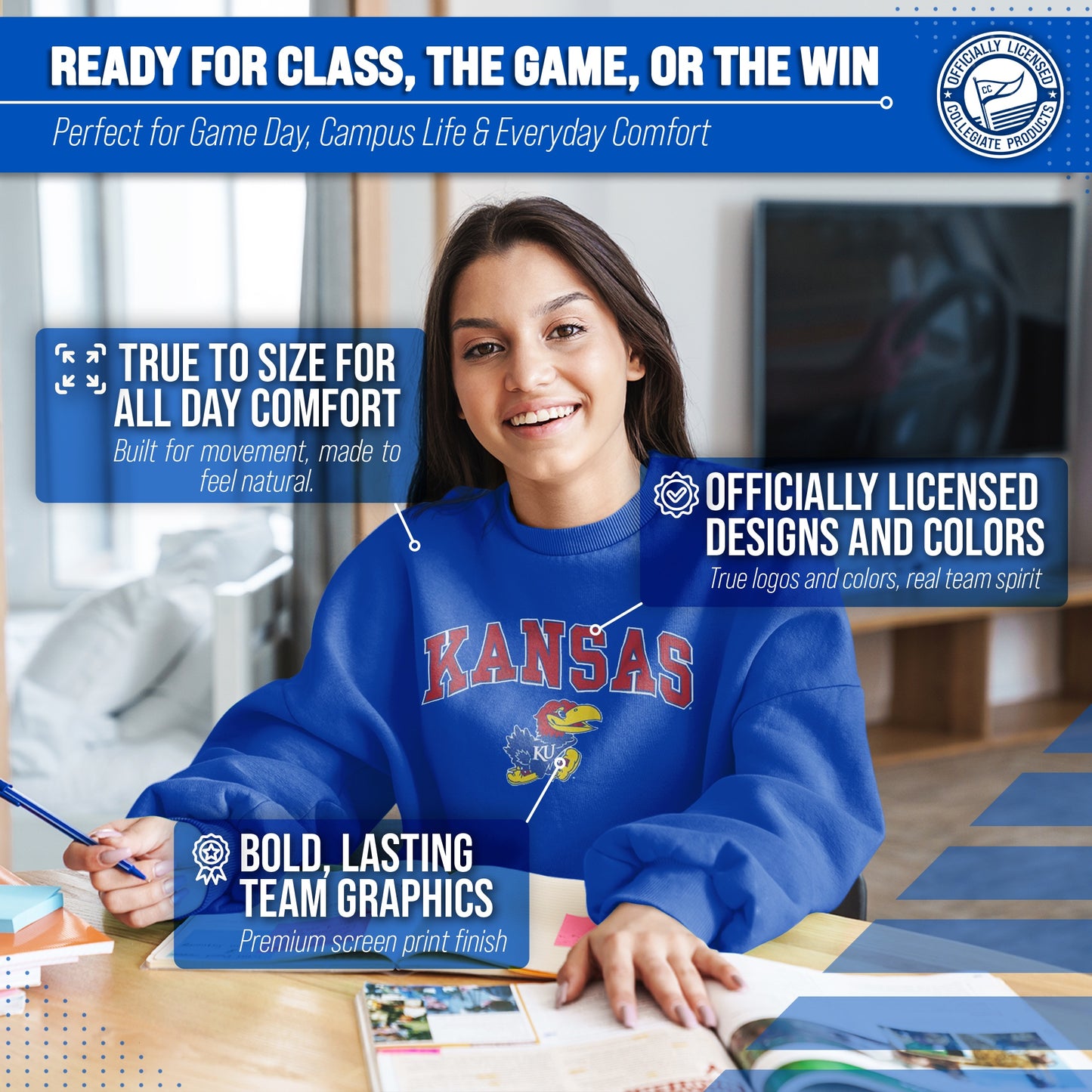 Kansas Jayhawks Adult Arch & Logo Soft Style Gameday Crewneck Sweatshirt - Royal