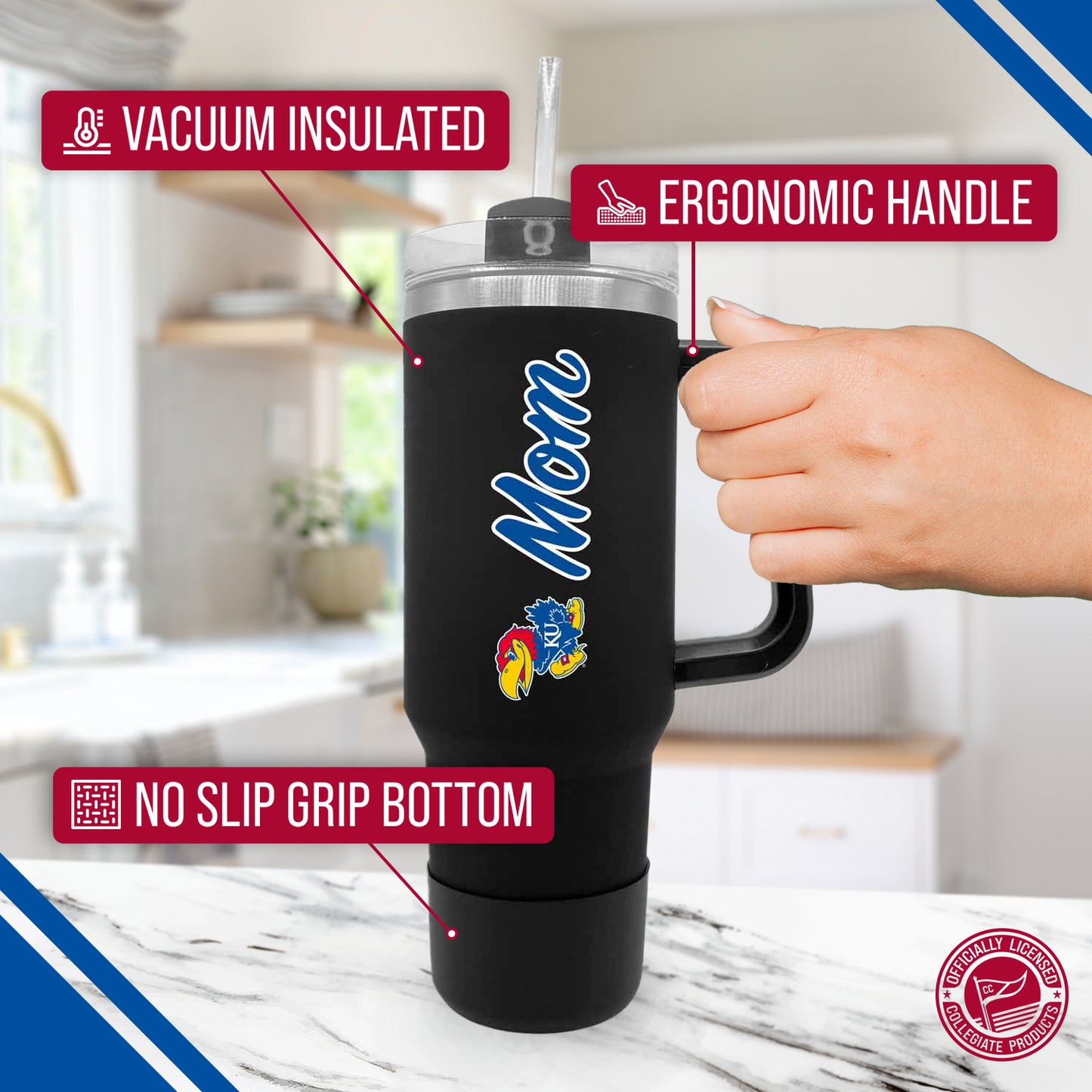 Kansas Jayhawks Collegiate 40oz Stainless Steel Travel Tumbler with Handle for Mom - Black