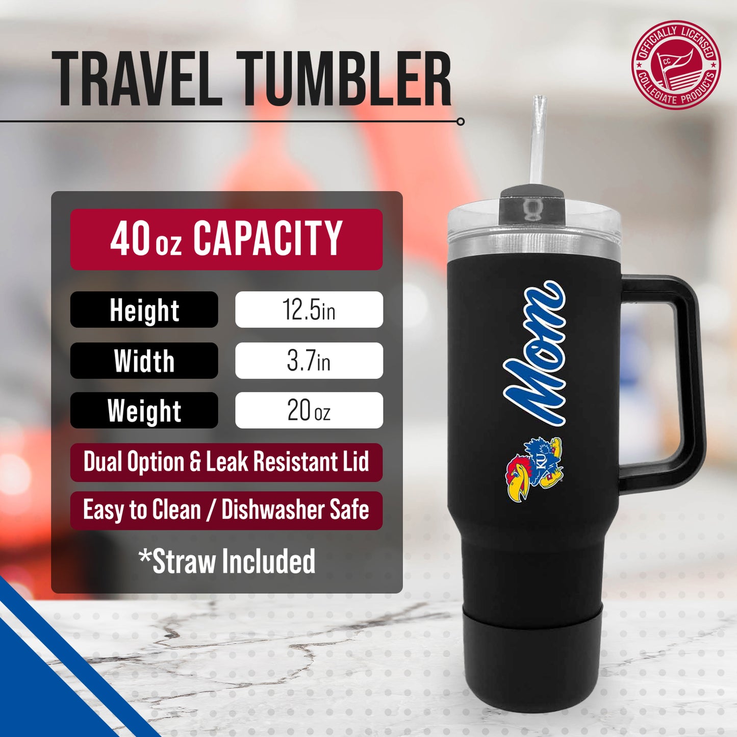 Kansas Jayhawks Collegiate 40oz Stainless Steel Travel Tumbler with Handle for Mom - Black