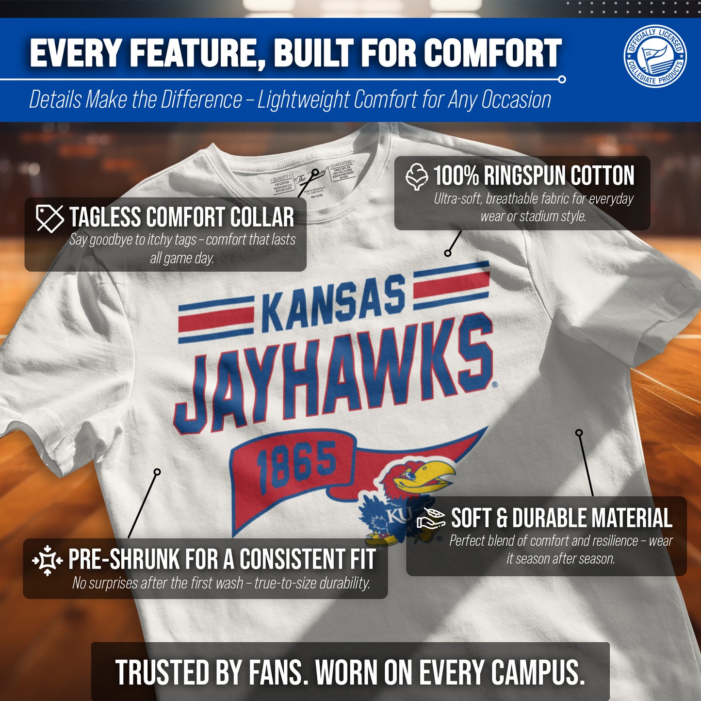 Kansas Jayhawks NCAA Adult Unisex Varsity Club Pennant T-Shirt Tag-Less - Off White