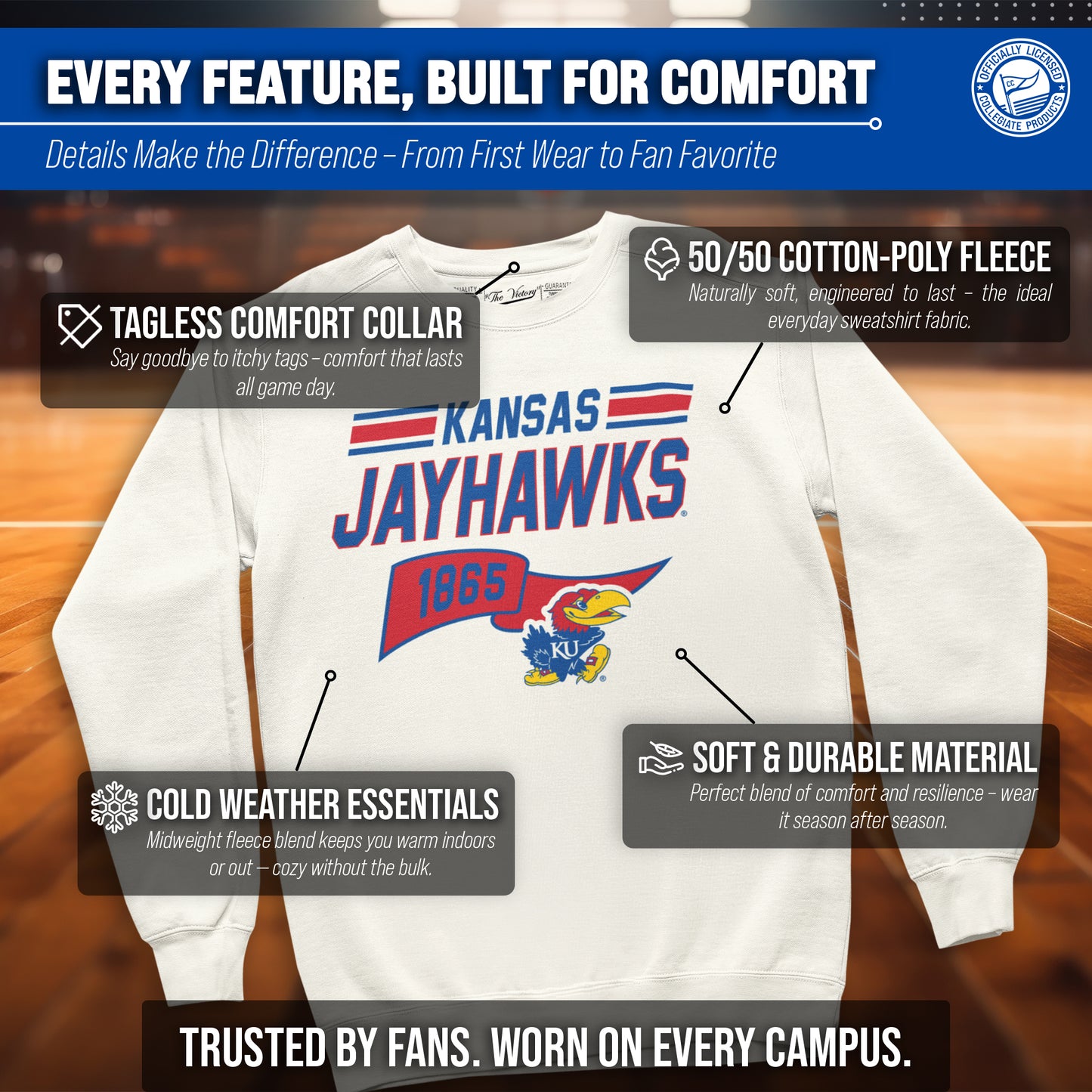 Kansas Jayhawks NCAA Adult Unisex Varsity Club Pennant Crewneck Fleece Sweatshirt - Off White