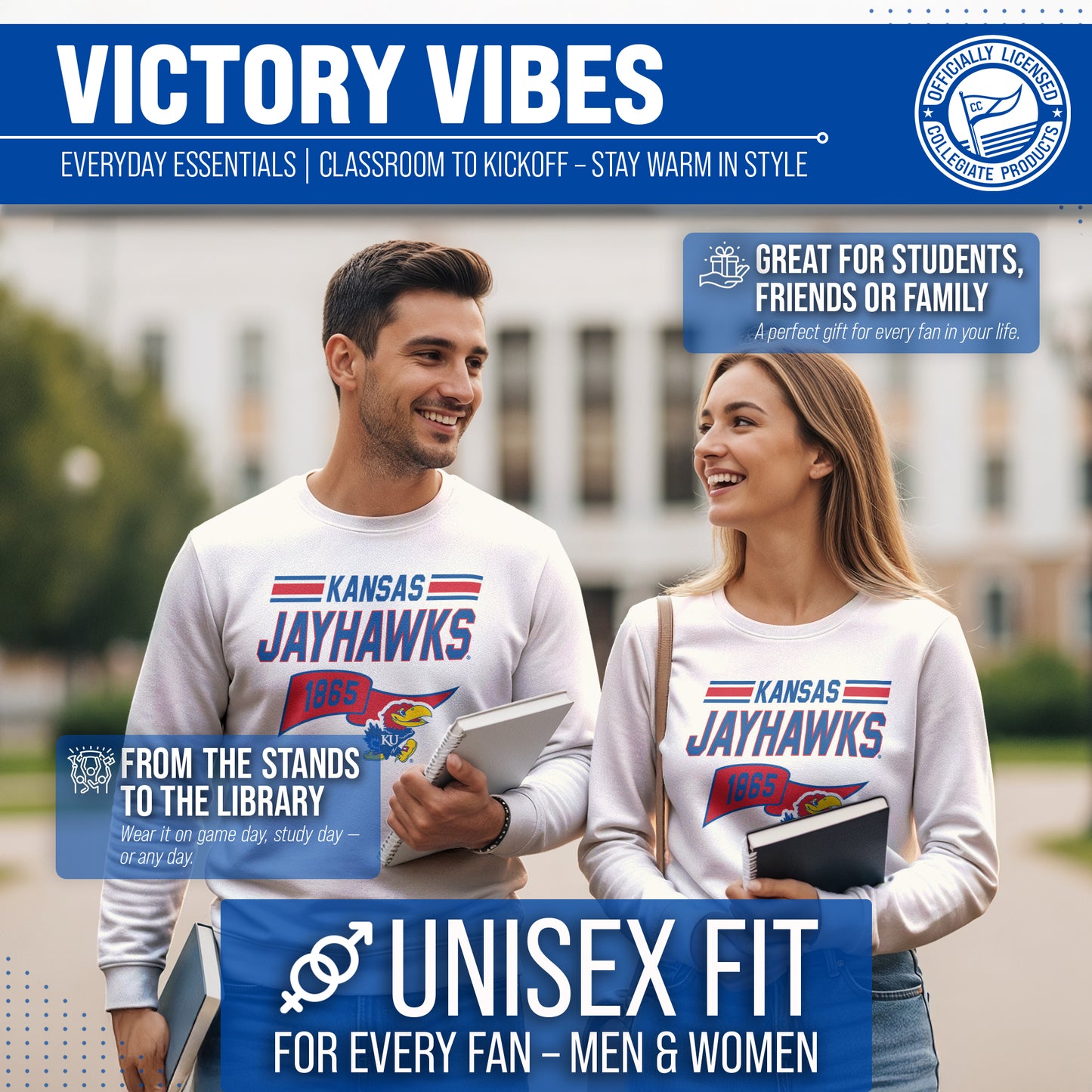 Kansas Jayhawks NCAA Adult Unisex Varsity Club Pennant Crewneck Fleece Sweatshirt - Off White