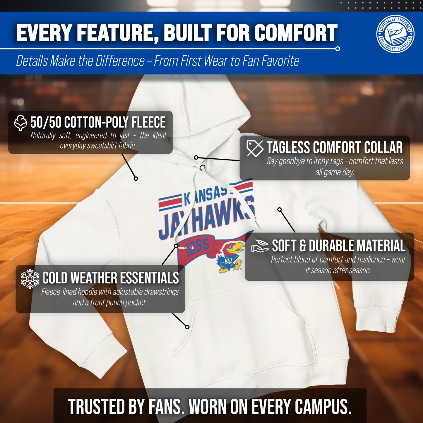 Kansas Jayhawks NCAA Adult Unisex Varsity Club Pennant Hooded Fleece Sweatshirt - Off White