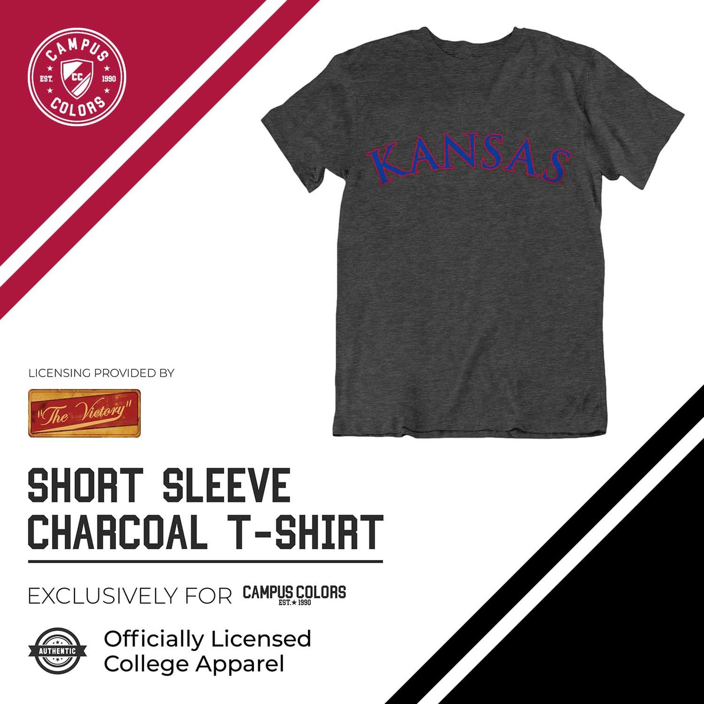 Kansas Jayhawks Campus Colors NCAA Adult Cotton Blend Charcoal Tagless T-Shirt - Charcoal