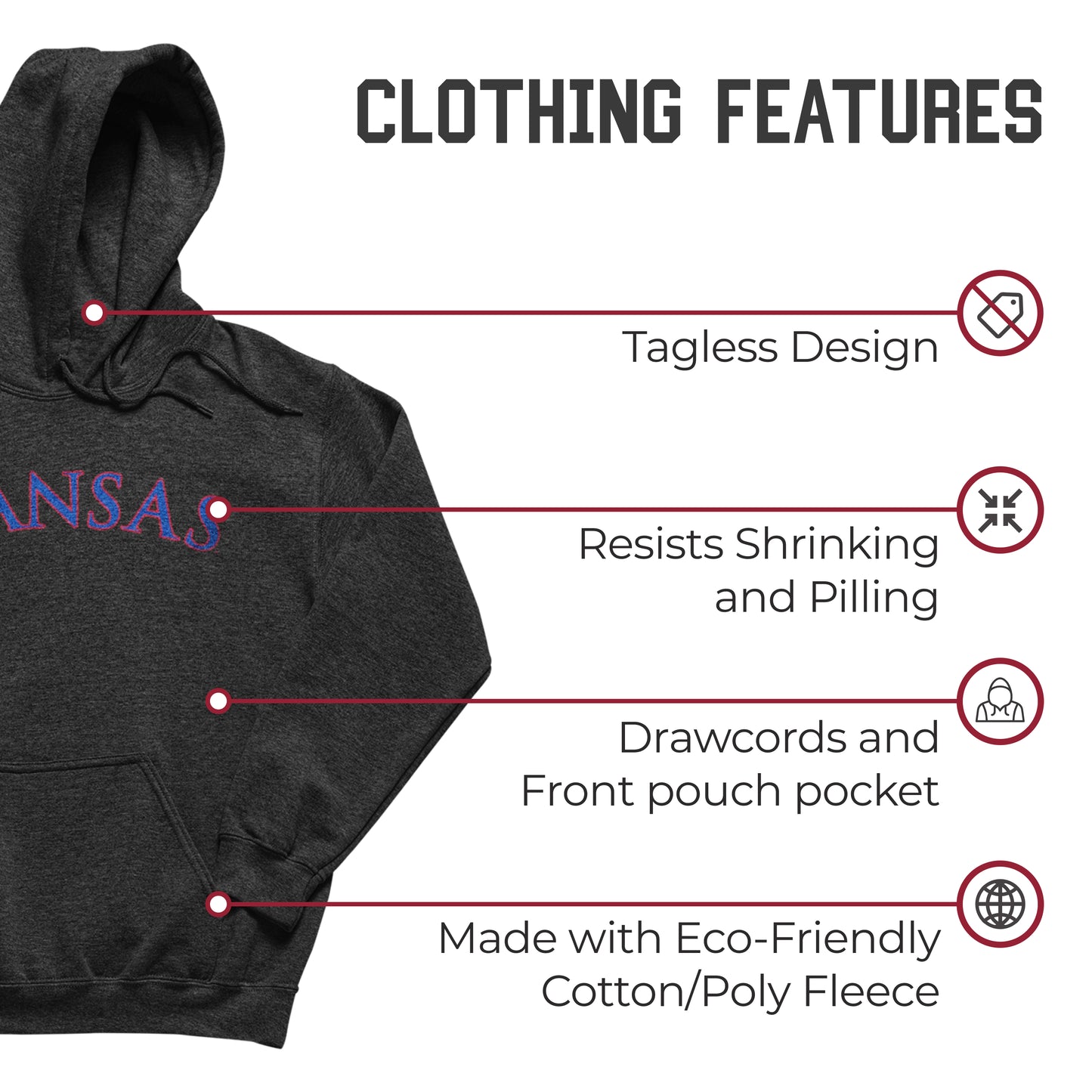 Kansas Jayhawks NCAA Adult Cotton Blend Charcoal Hooded Sweatshirt - Charcoal