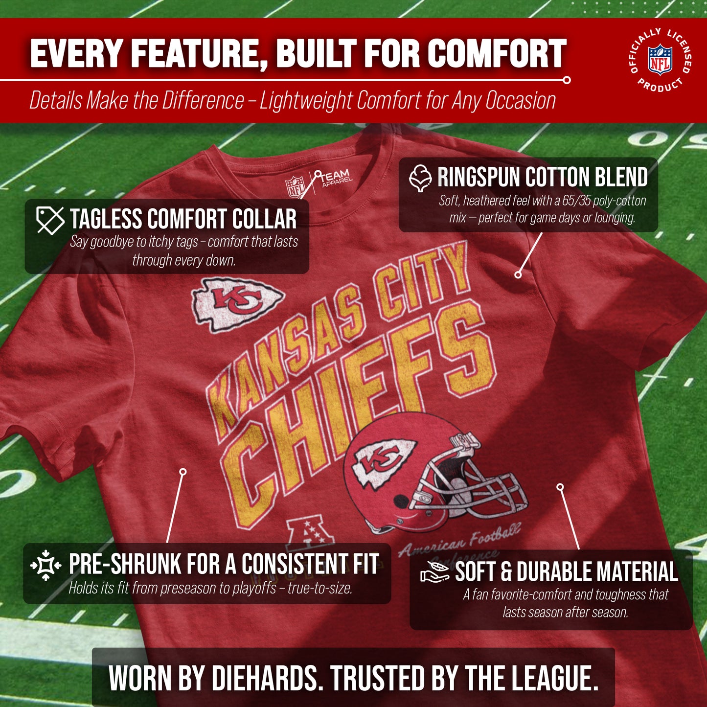 Kansas City Chiefs NFL Adult Distressed Helmet Tag-Less T-Shirt - Red Heather