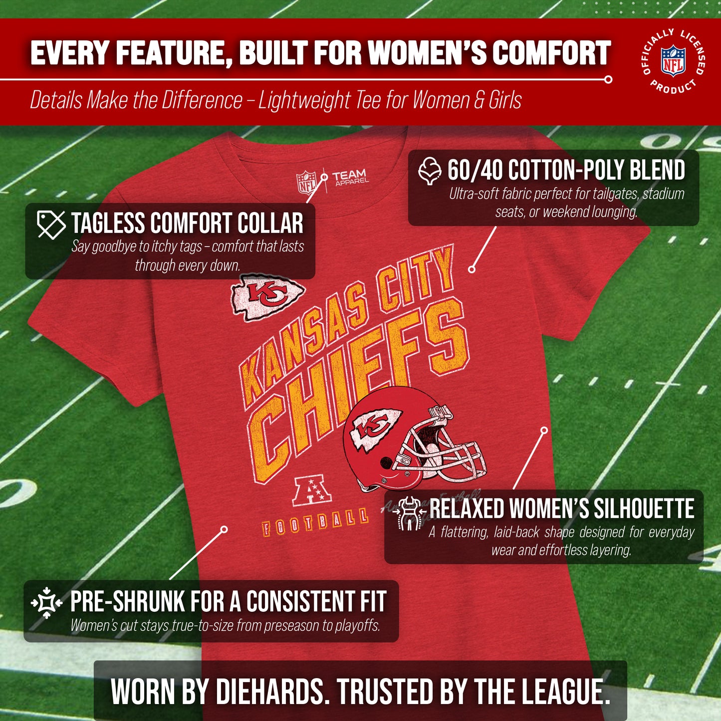 Kansas City Chiefs NFL Womens Distressed Helmet Tag-Less Soft T-Shirt - Red Heather