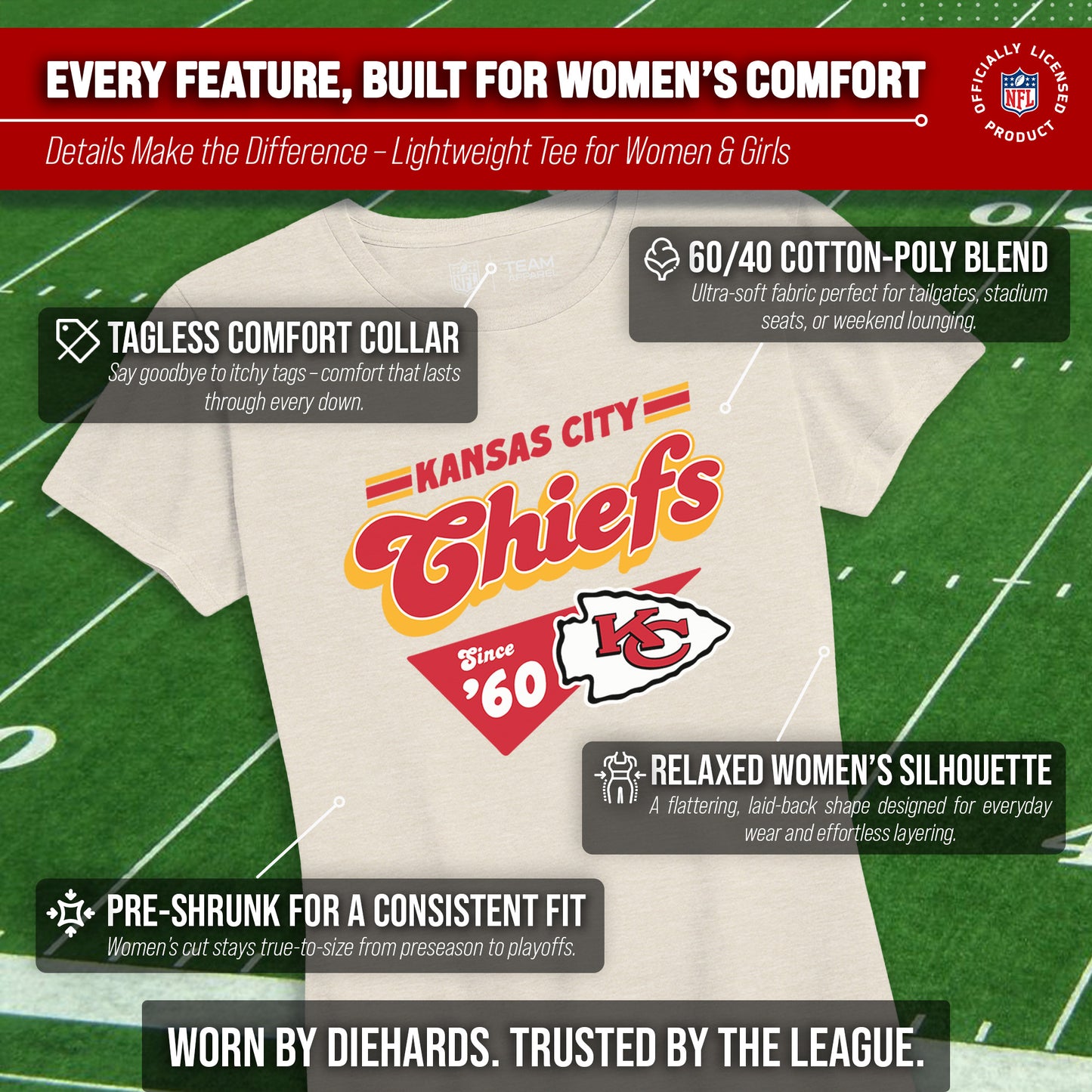 Kansas City Chiefs NFL Womens Vintage Charm Tag-Less Soft T-Shirt - Birch