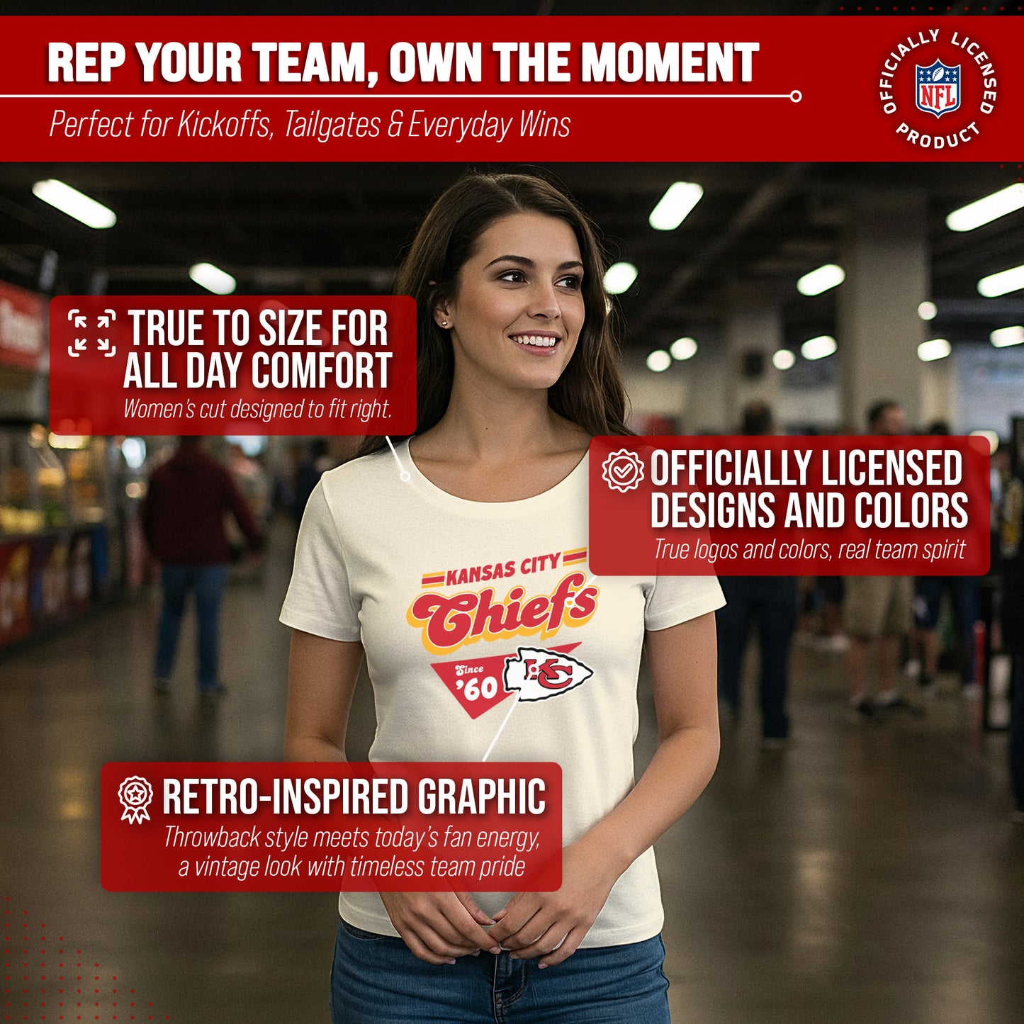 Kansas City Chiefs NFL Womens Vintage Charm Tag-Less Soft T-Shirt - Birch