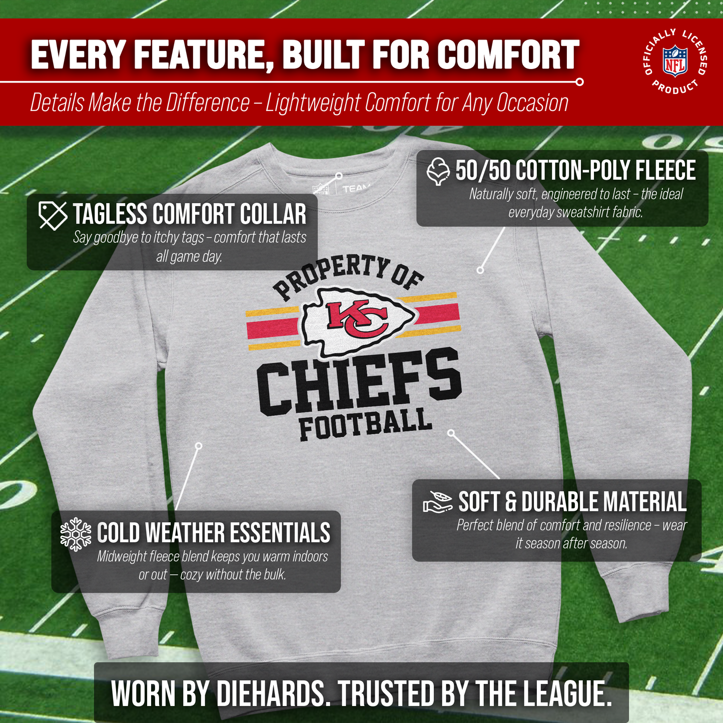 Kansas City Chiefs NFL Adult Property Of Crewneck Fleece Sweatshirt - Sport Gray